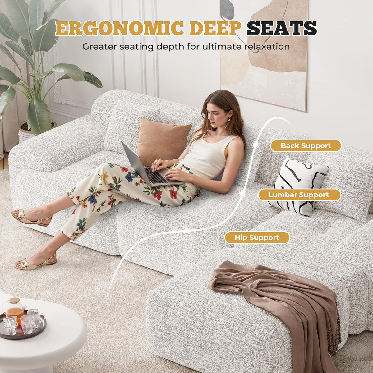 122" Modern L Shaped Modular Sectional Sofa, Boneless Couches for Living Room with Ottoman,4 Seater Convertible Chenille Cloud Couch Sofa Set, No Assembly Required, Beige 1 PCS
