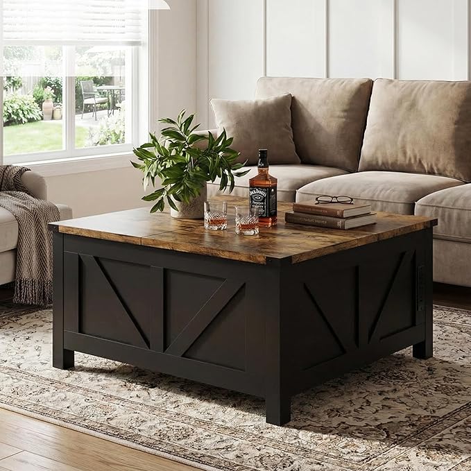 Square Lift-Top Coffee Table with Storage & Charging Station