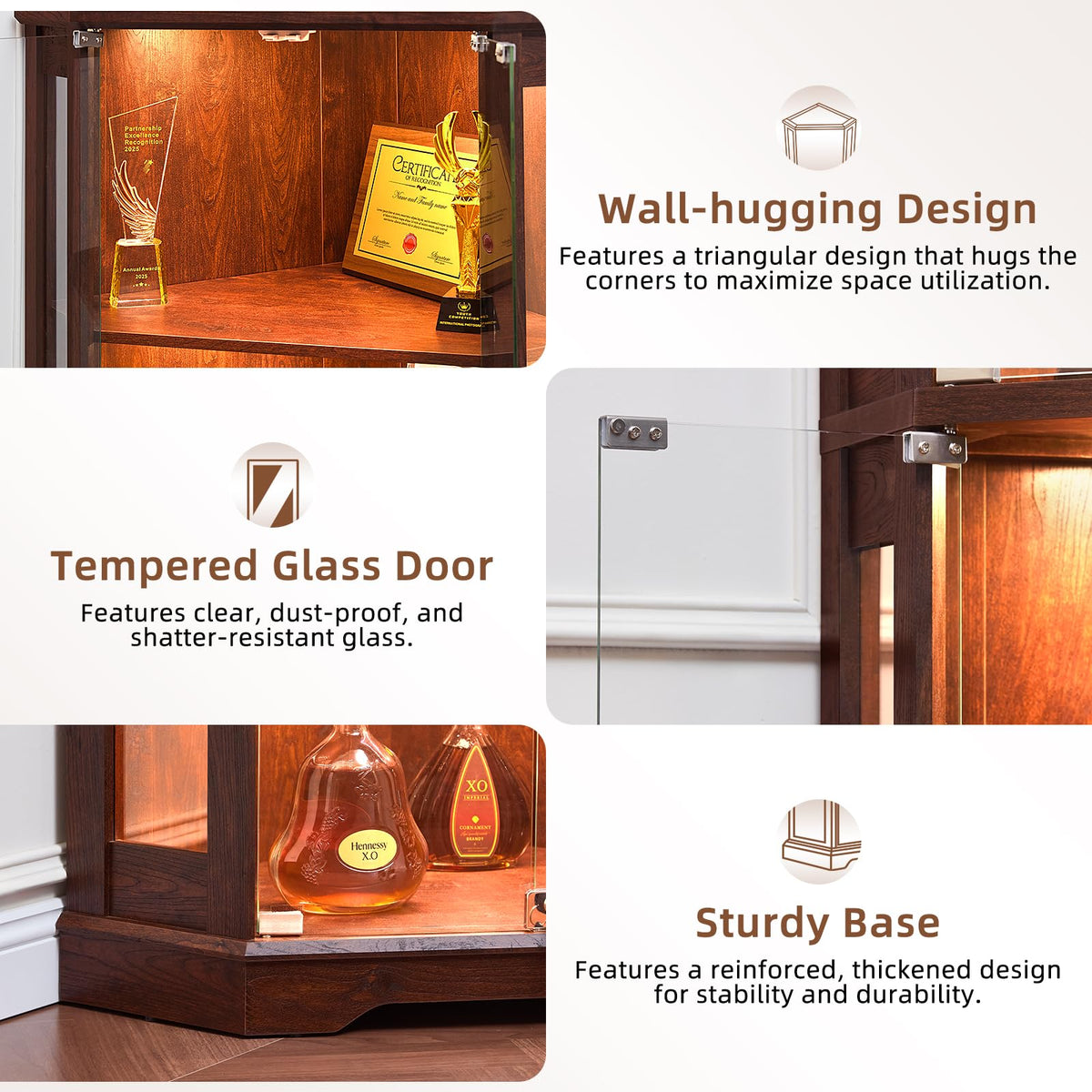 LELELINKY Farmhouse Corner Curio Cabinet with Lock, Walnut