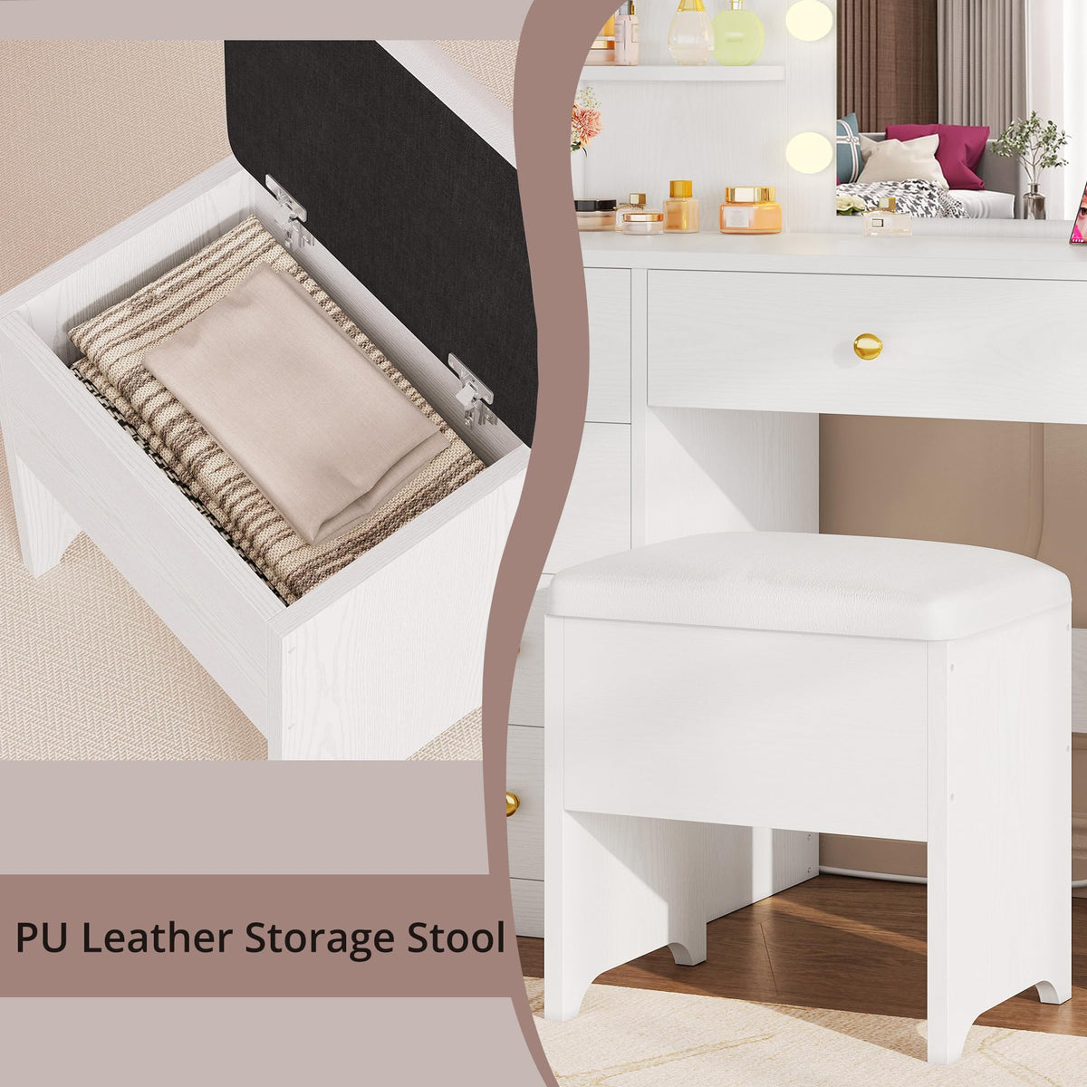 White Vanity Desk with Mirror and Lights