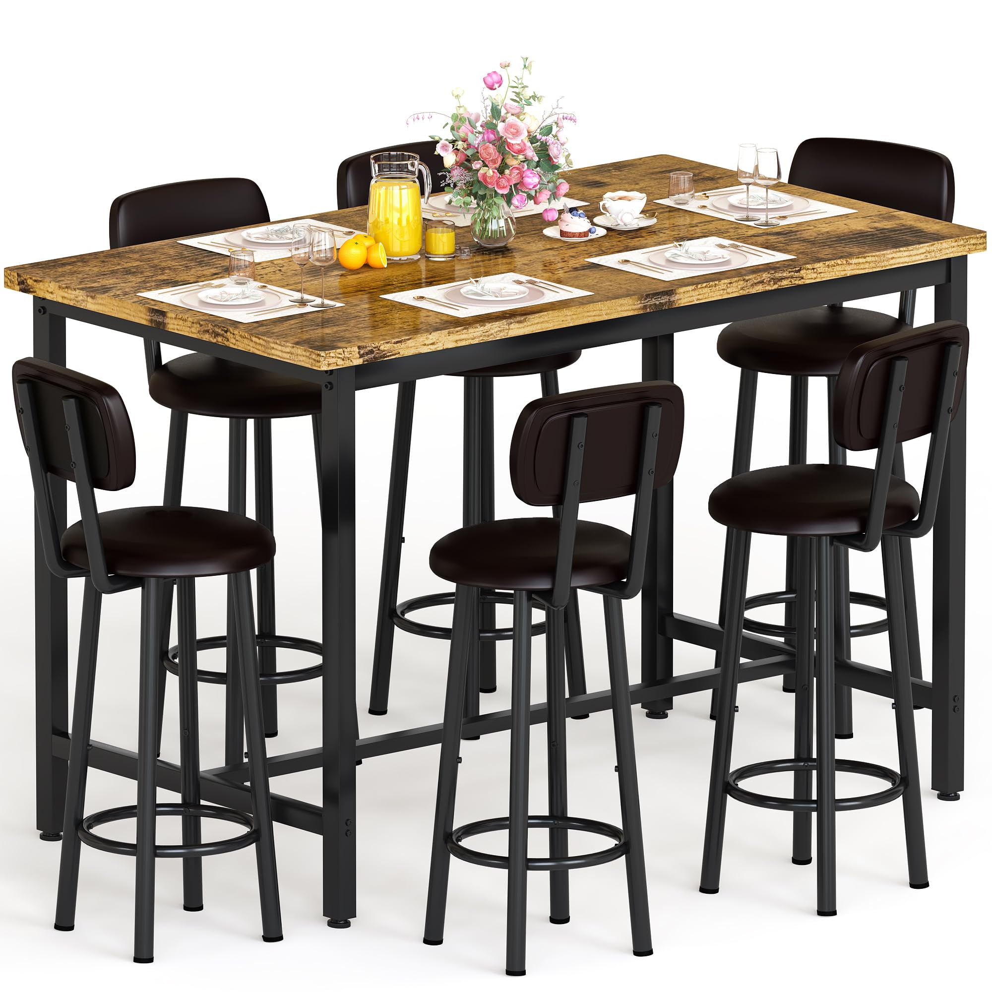 7-Piece Counter Height Bar Table Set with Upholstered Stools