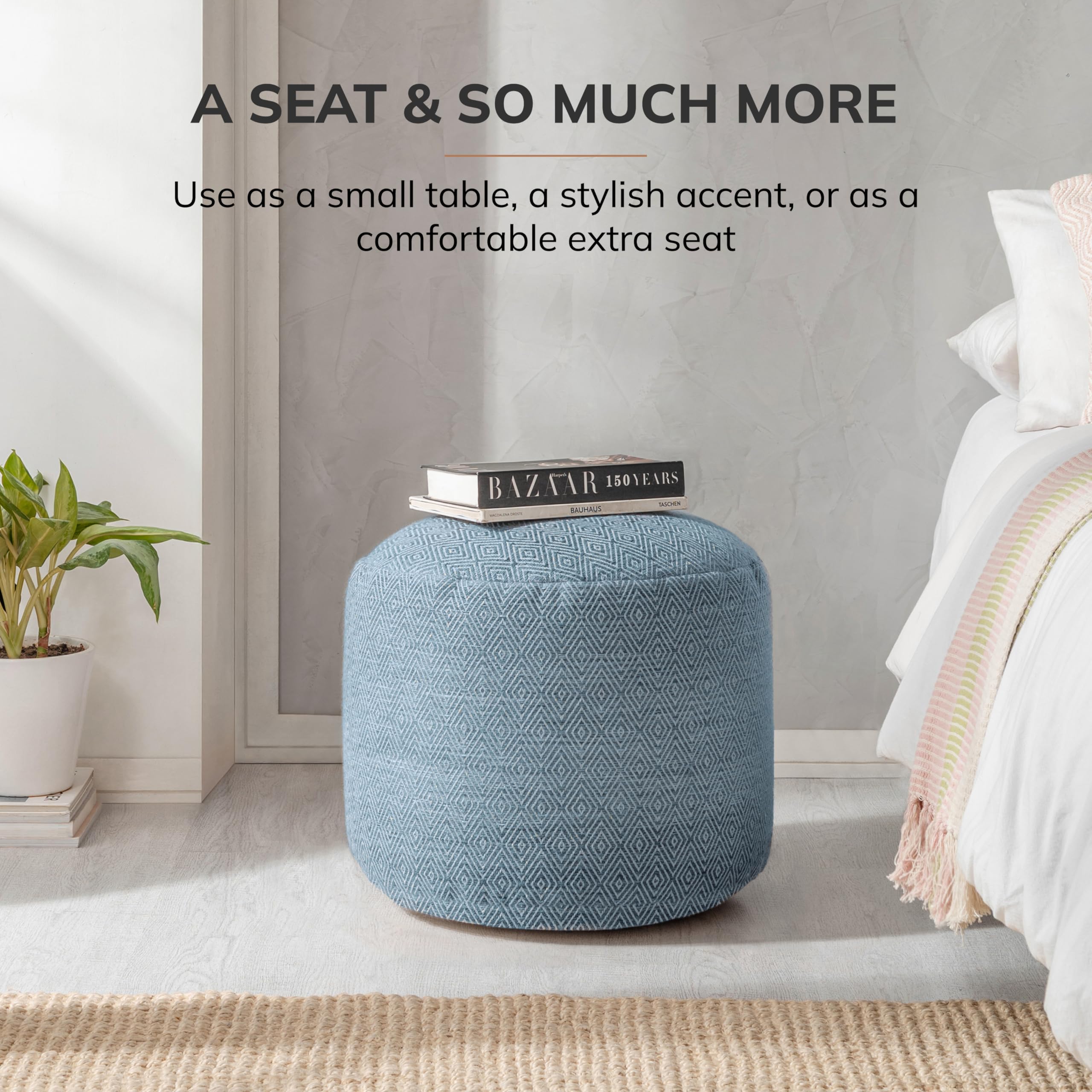 Anji Mountain Pouf Ottoman Foot Rest, Handmade Ottoman Pouf, Comfortable Foot Stool, Decorative Floor Seating for Living Room Decor, Bedroom & Home Décor Accent - Blue