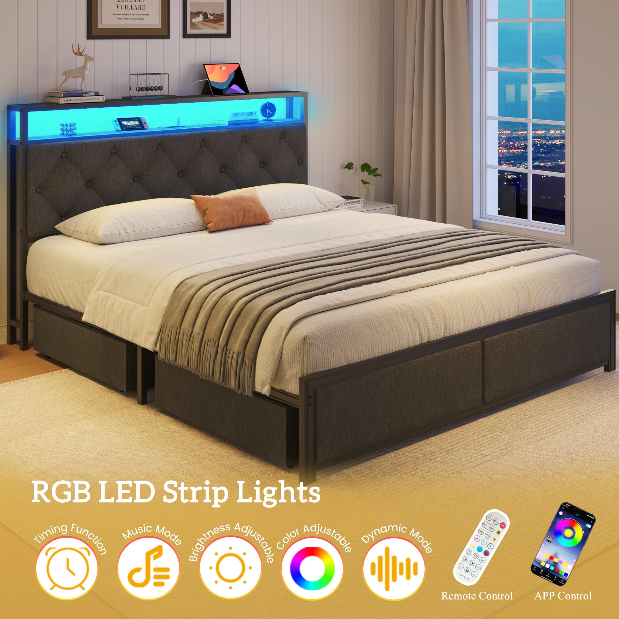 Queen Bed Frame with Storage, LED Lights & Charging Station