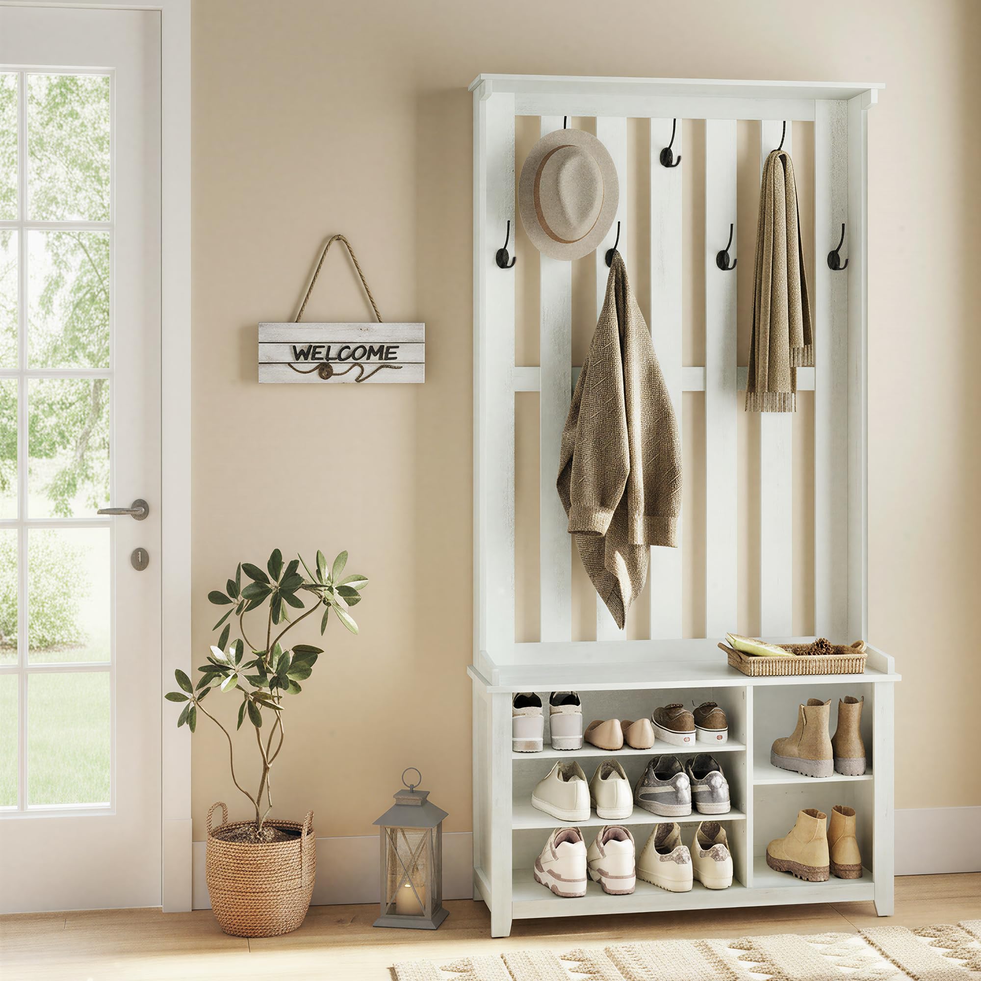 Hall Tree with Bench, Shoe Storage & 7 Double Hooks