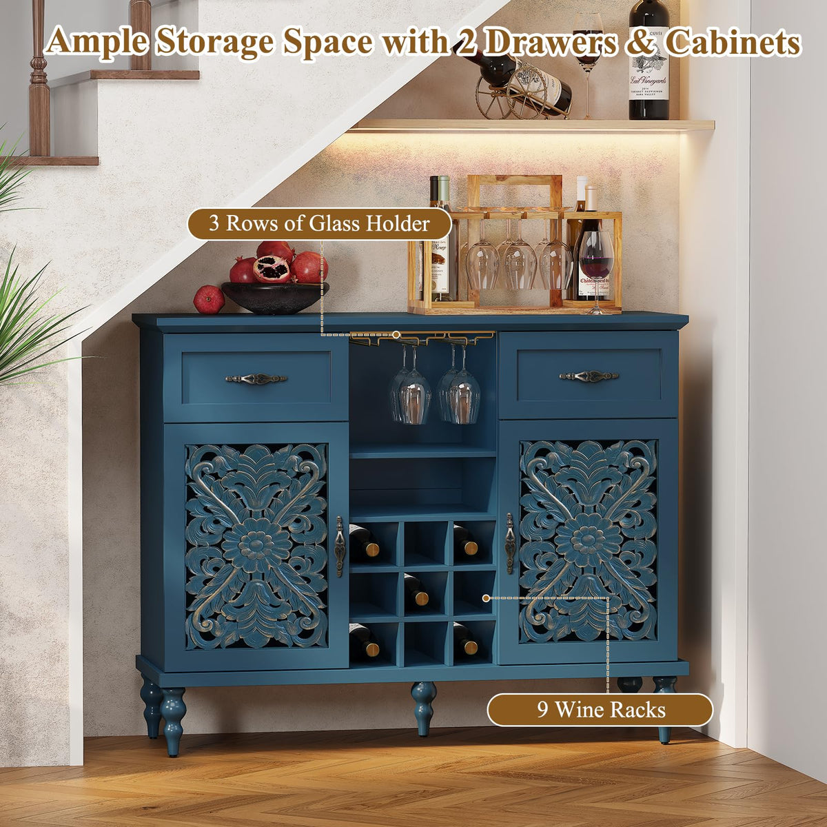 Blue Vintage Wine Bar Cabinet