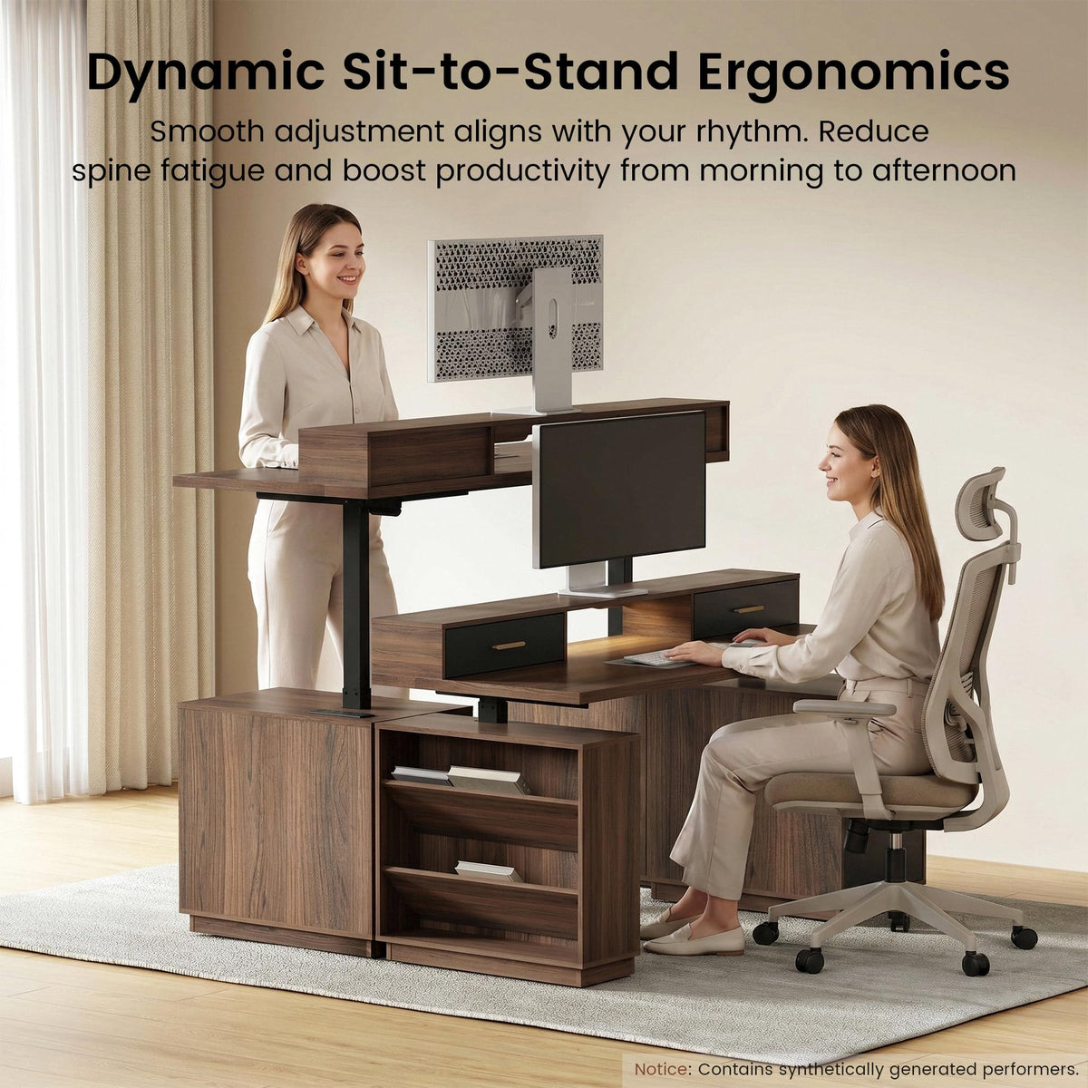 86.6" L Shaped Executive Standing Desk with Hutch and File Cabinet