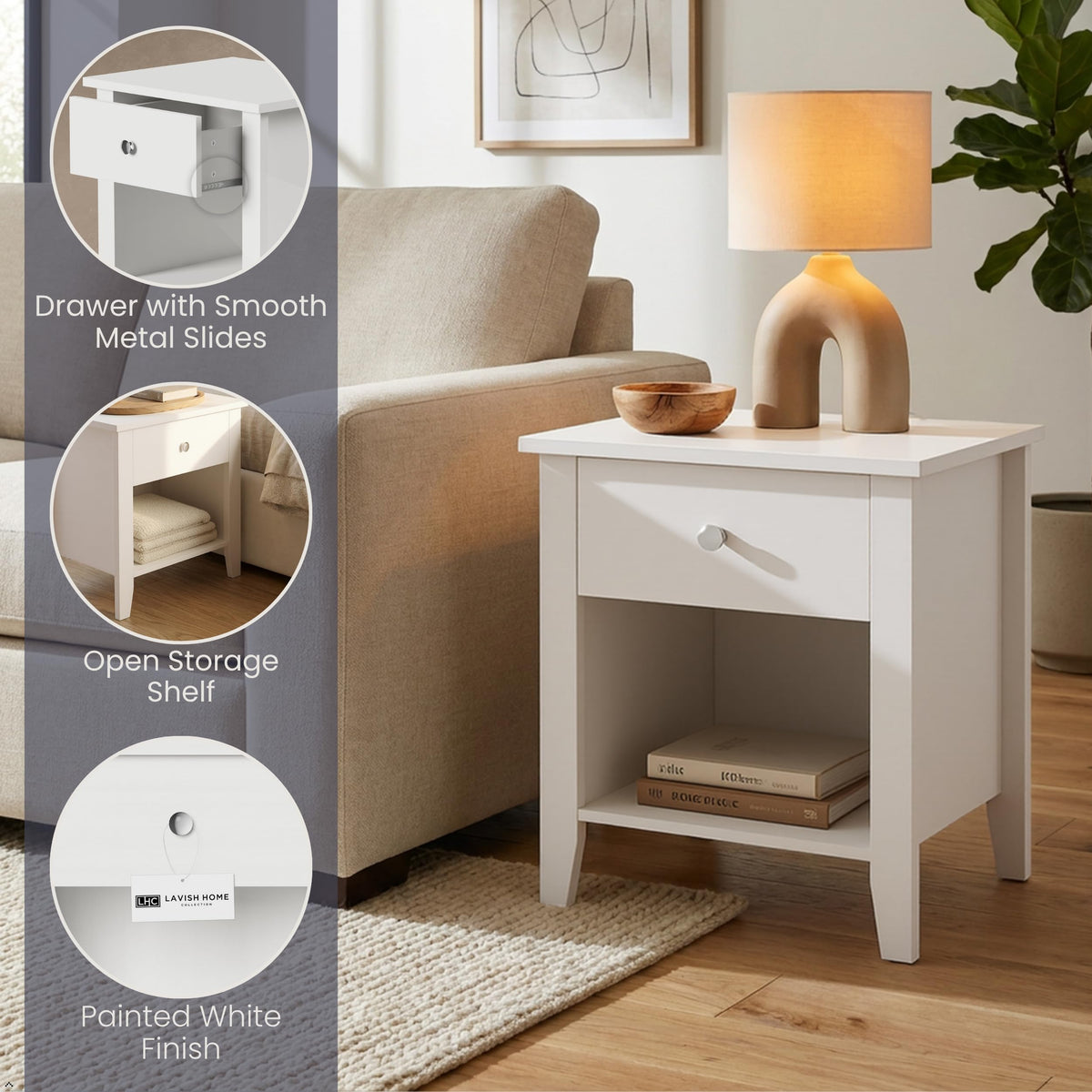 Lavish Home Wooden Nightstand with Drawer & Open Storage Shelf, White