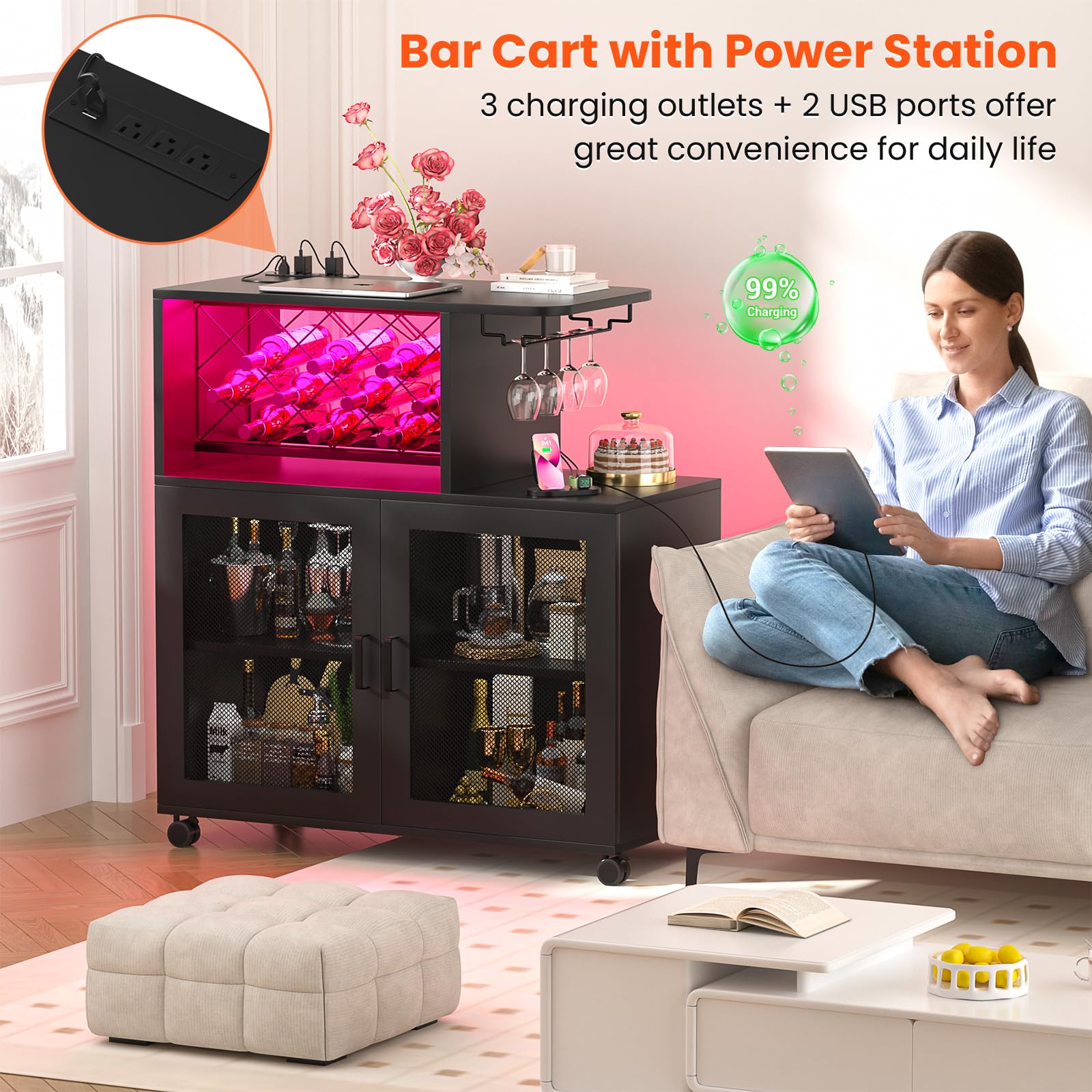 Wine Bar Cabinet with LED Light & Power Outlets