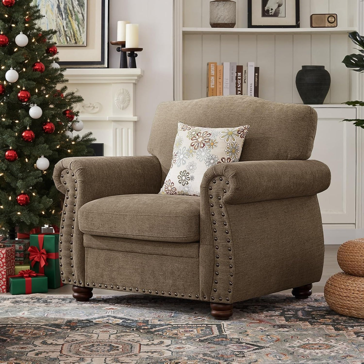 ONBRILL Nailhead Trim Armchair, Rolled Arm Accent Chair,Chenille Sofa Chair