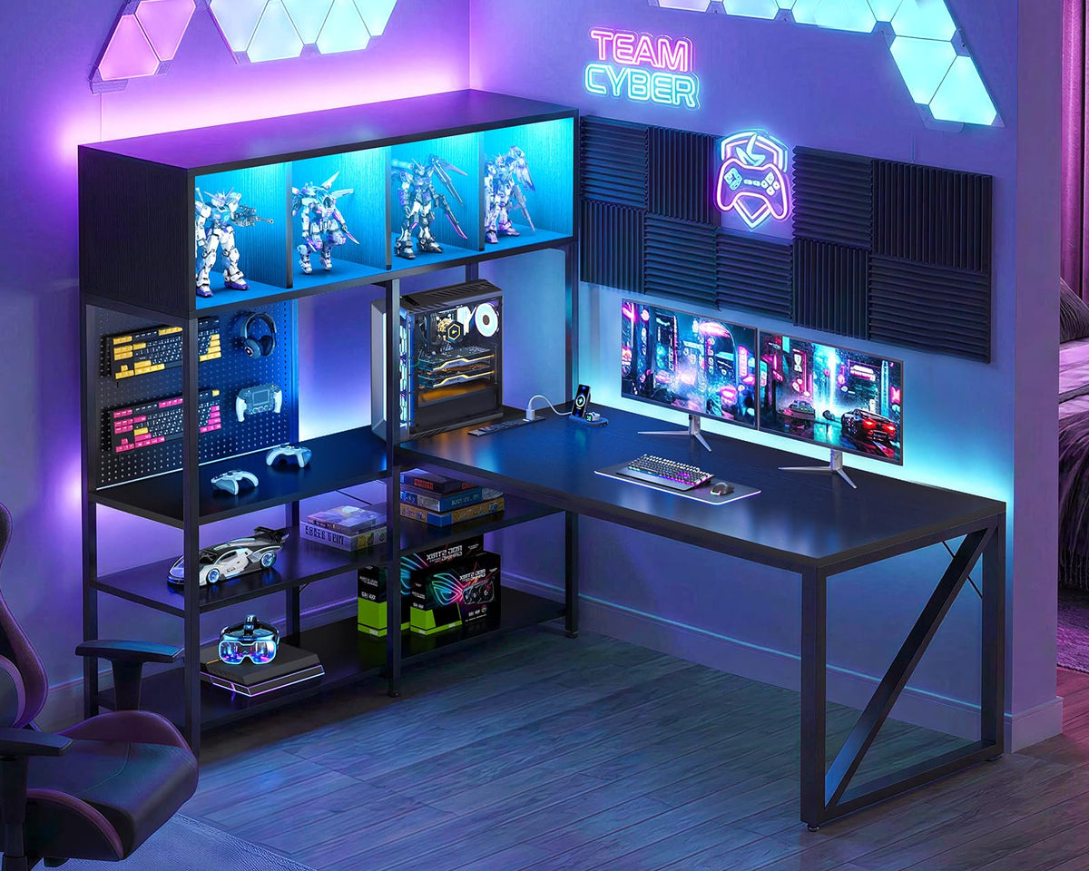 L-Shaped Gaming Desk with Display Hutch