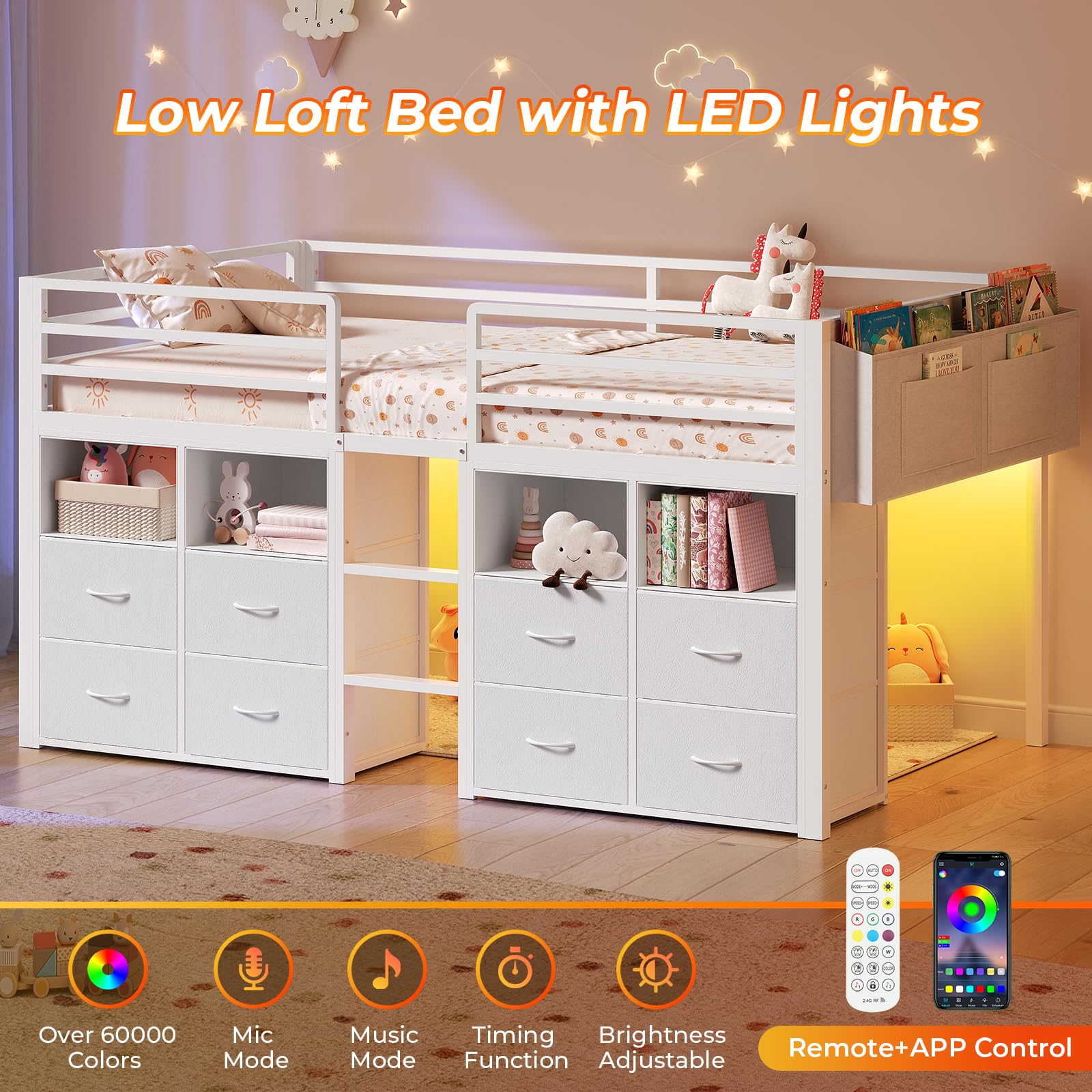 Kids Low Loft Bed Twin with Storage Drawers & LED Lights