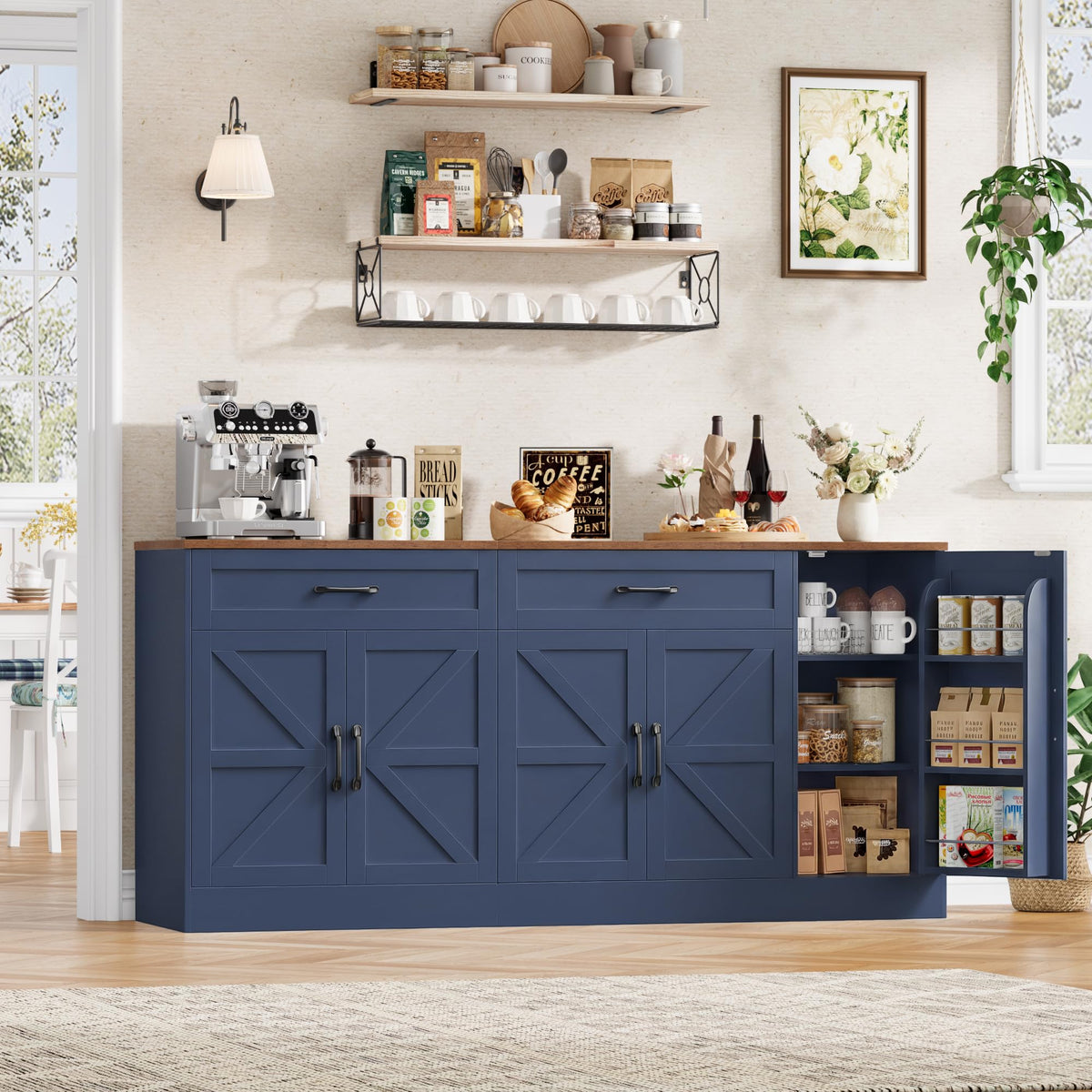 BOTLOG 71” Large Sideboard Buffet Cabinet, Farmhouse Coffee Bar Cabinet (Blue)