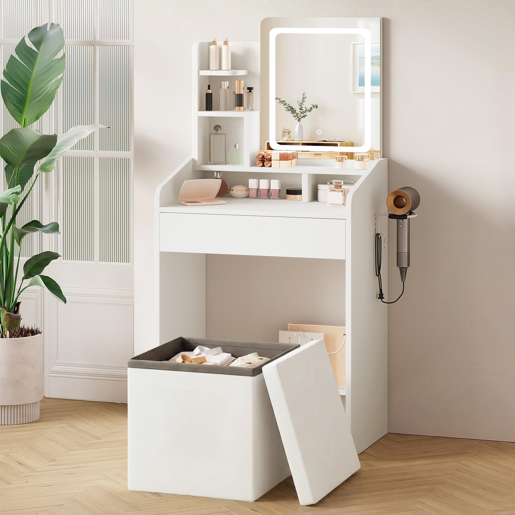 LIVELYGLOW Small Vanity Set with Lighted Mirror & Power Station, 24" Modern White Makeup Desk with Storage Stool, HairDryer Rack, Smart LED 3-Color Lighting, Compact Dressing Vanity for Bedroom