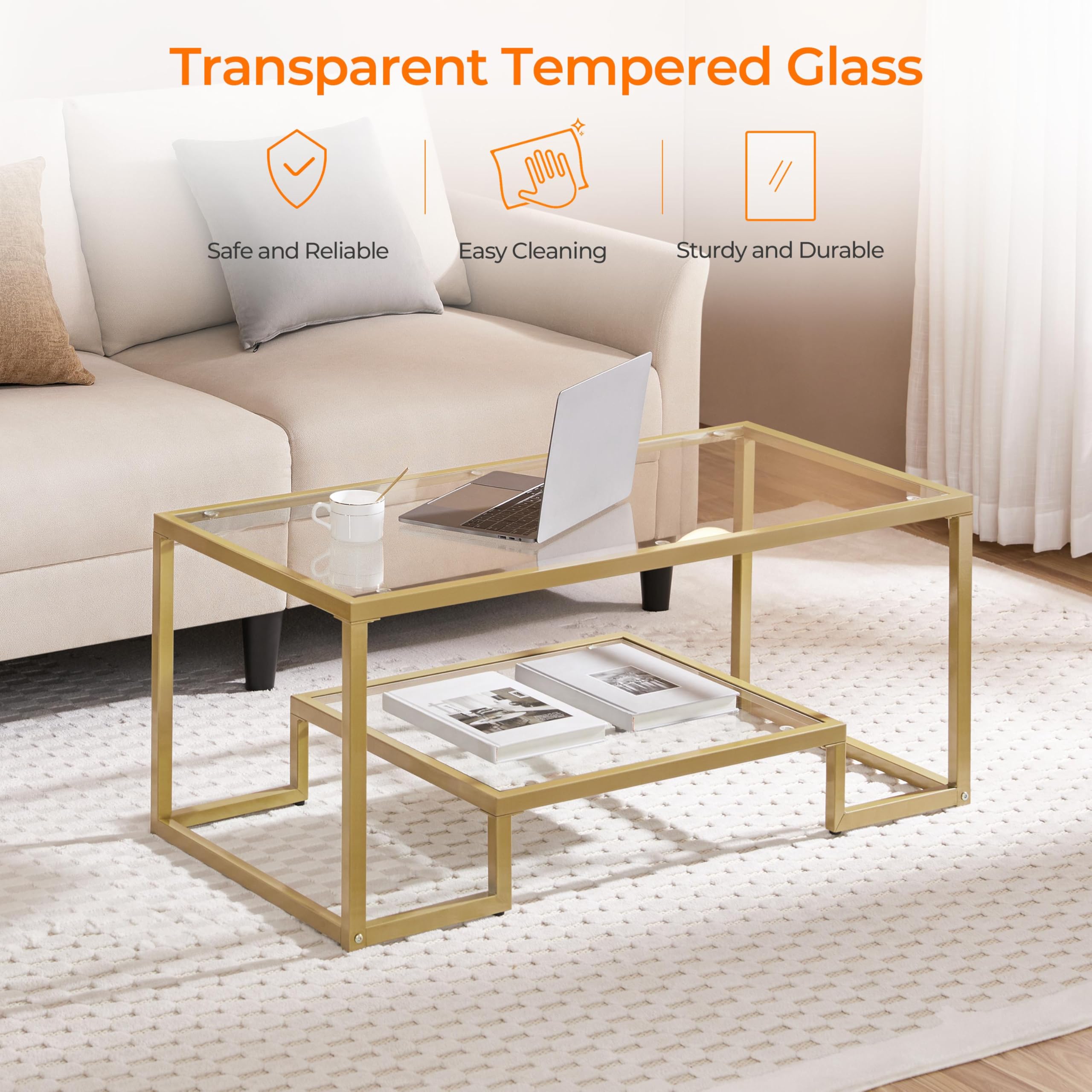 2-Tier Rectangular Glass Coffee Table with Metal Frame