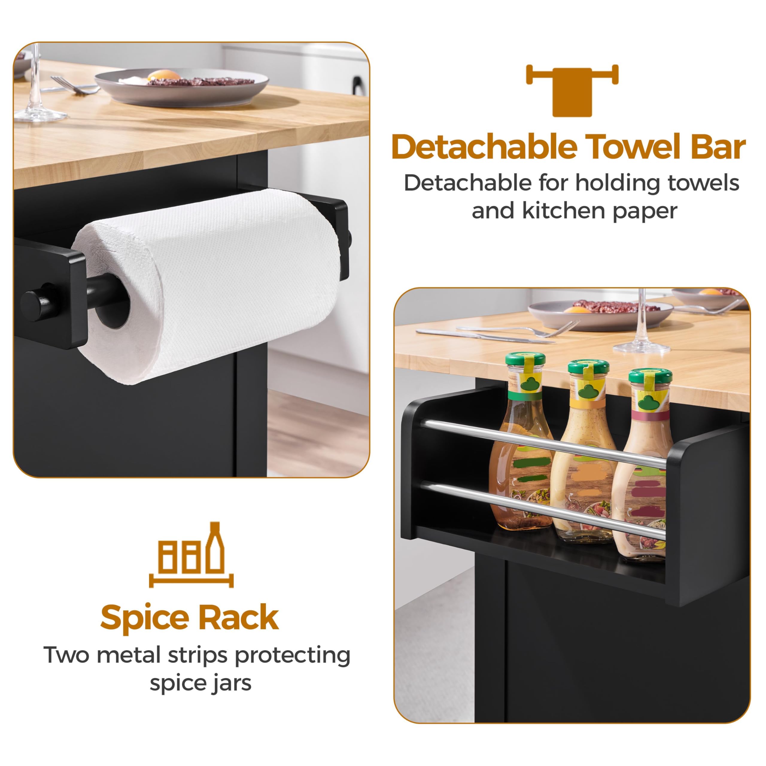 Yaheetech Kitchen Island Cart with Drop Leaf, 49" Rolling Island Table with Storage, Drawer, Kitchen Cart with Rubberwood Top, Detachable Towel & Spice Rack, Black