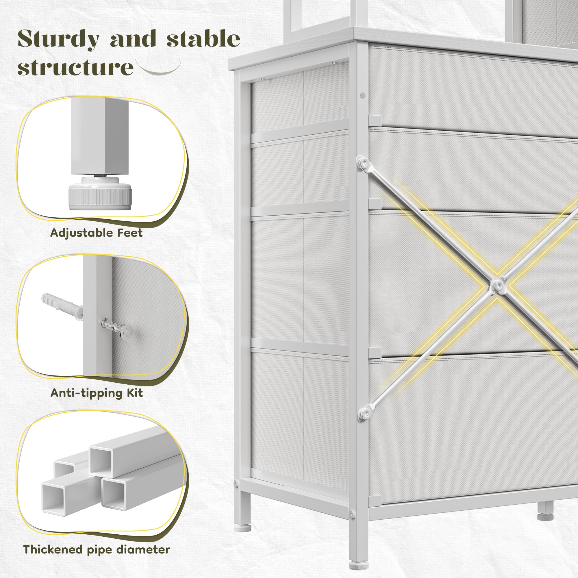 Romorgniz White Dresser for Bedroom with 12 Drawers & LED Lights, Fabric Dressers & Chests of Drawers with Open Shelves, Vanity Dresser Organizer with Metal Frame Wooden Shelf for Entryway Closet