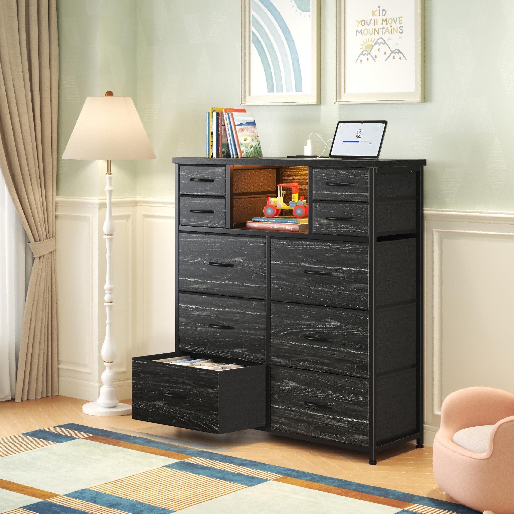 Romorgniz Dresser for Bedroom with 10 Drawers Featuring LED Light and Power Outlet, Fabric Dressers & Chest of Drawers with Open Shelves for Hallway, Living Room, Metal Frame,Wood Top,Grain Black