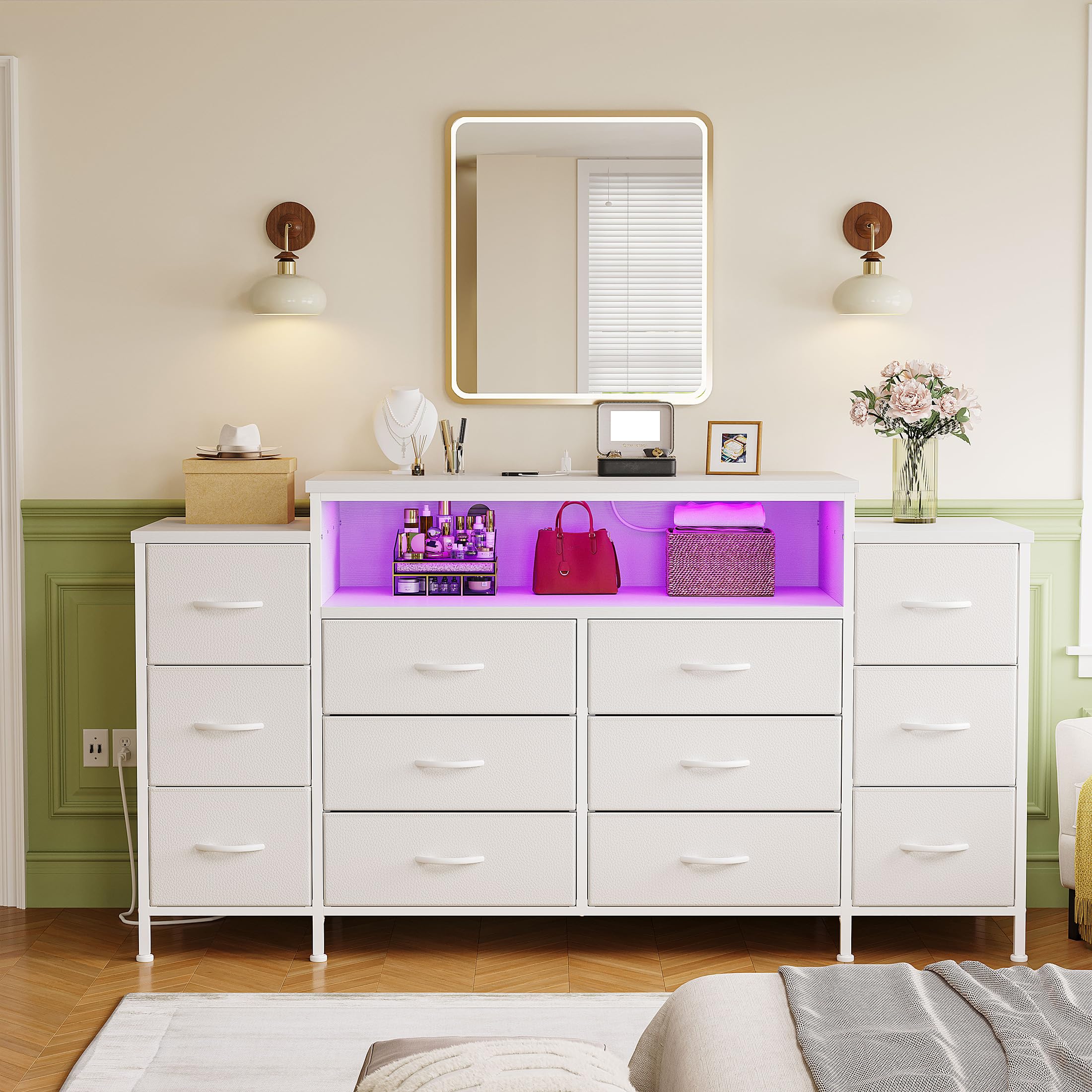 EnHomee 55" W Dresser for Bedroom with LED Lights & Charging Station 12 Drawer Dressers & Chests of Drawers Dresser TV Stand for Bedroom for Hanging 65" TV, Metal Frame & Fabric Drawers, White