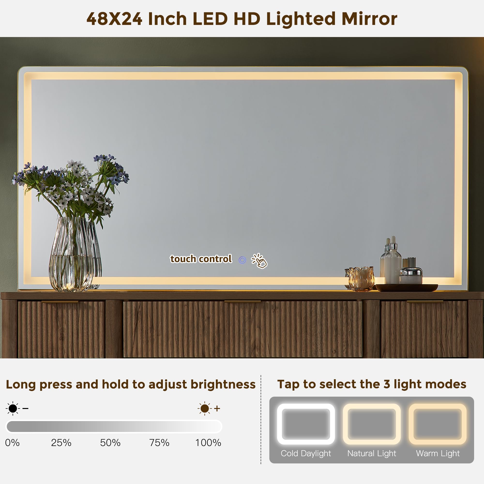 T4TREAM 48" Fluted Makeup Vanity Desk with 48" Large Mirror and HD Lights, Modern Vanity Table with 9 Drawers & Charging Station, Glass Top and Golden Handles Dressing Table for Bedroom,Natural Oak
