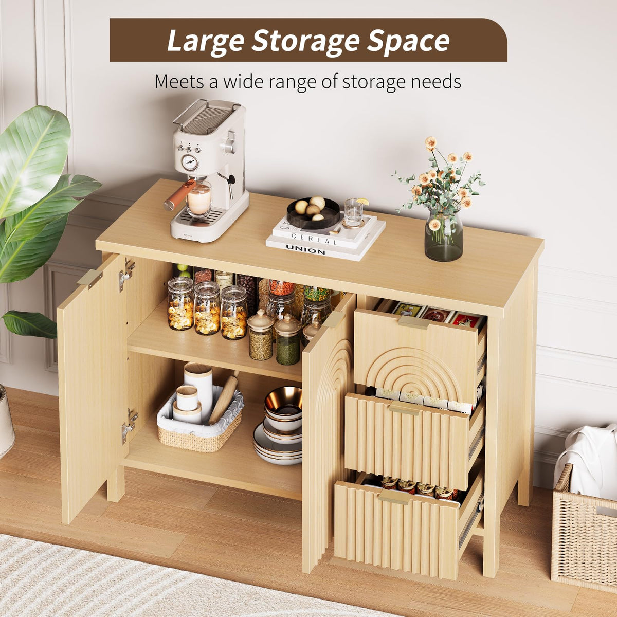 Curlaky Sideboard Buffet Cabinet with Storage - Fluted Accent Coffee Bar Cabinets Kitchen Credenza with Drawers & Doors, Wood Console Side Board with Adjustable Shelf for Living Room Entryway,Natural