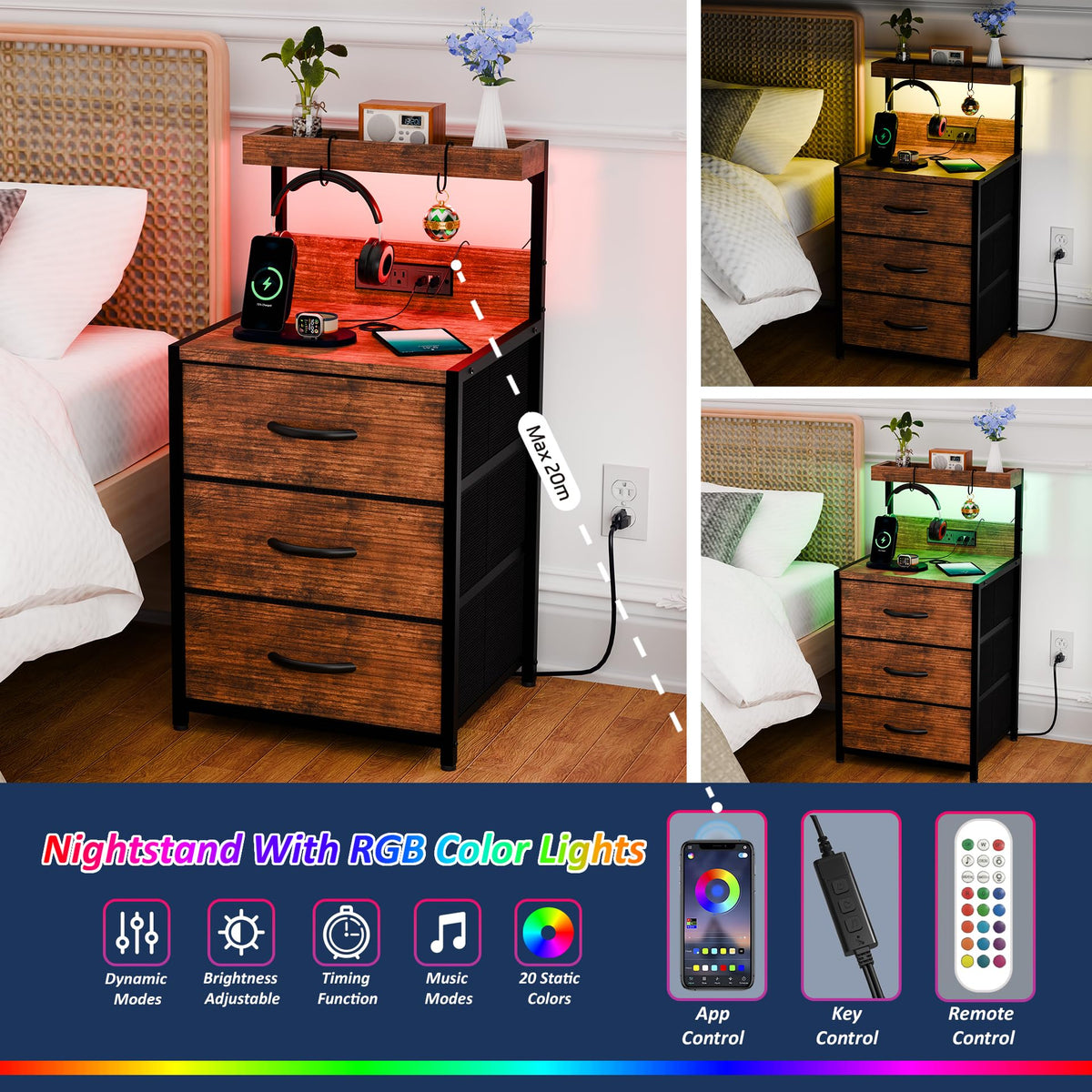 SZLHANJZ Nightstands Set of 2, LED Light and Charging Station, 3 Drawers