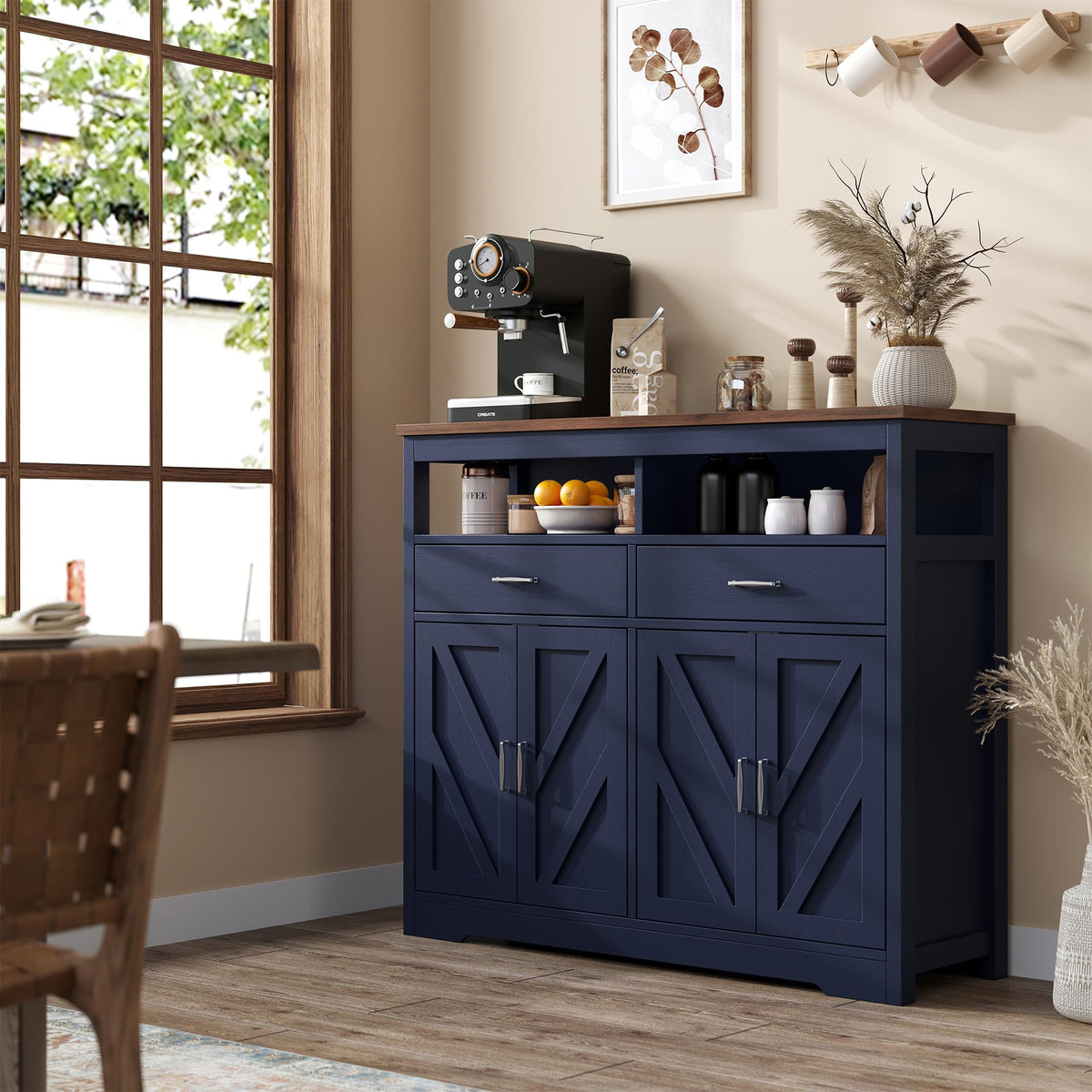 knoworld Sideboard Buffet Cabinet with Storage & Shelves, Farmhouse Kitchen Storage Cabinet Wood Coffee Bar Sideboard Cabinet with 4 Doors for Kitchen, Living Room, Entryway, 47" W Blue