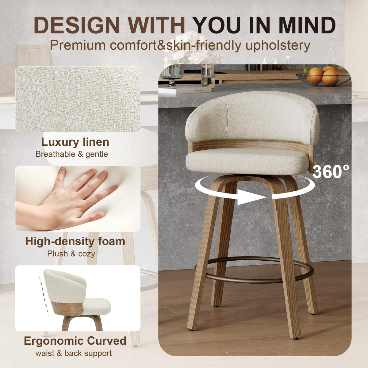 26" Swivel Counter Height Bar Stools Set of 2 for Kitchen Island, Beige