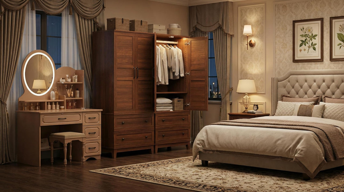 Walnut Wardrobe Armoire with Drawers