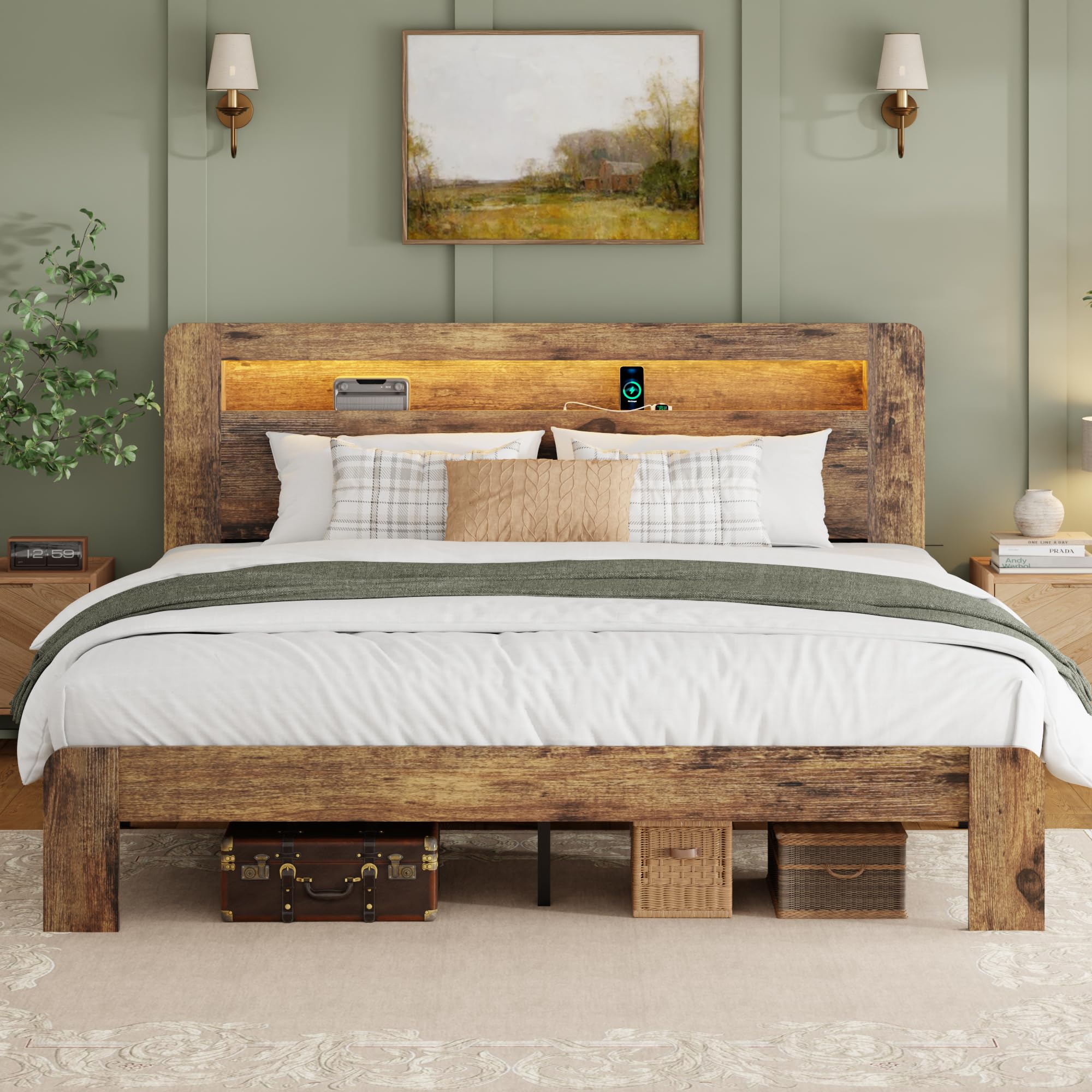 Wooden Platform Bed Frame with Storage Headboard, Charging Station & LED Lights