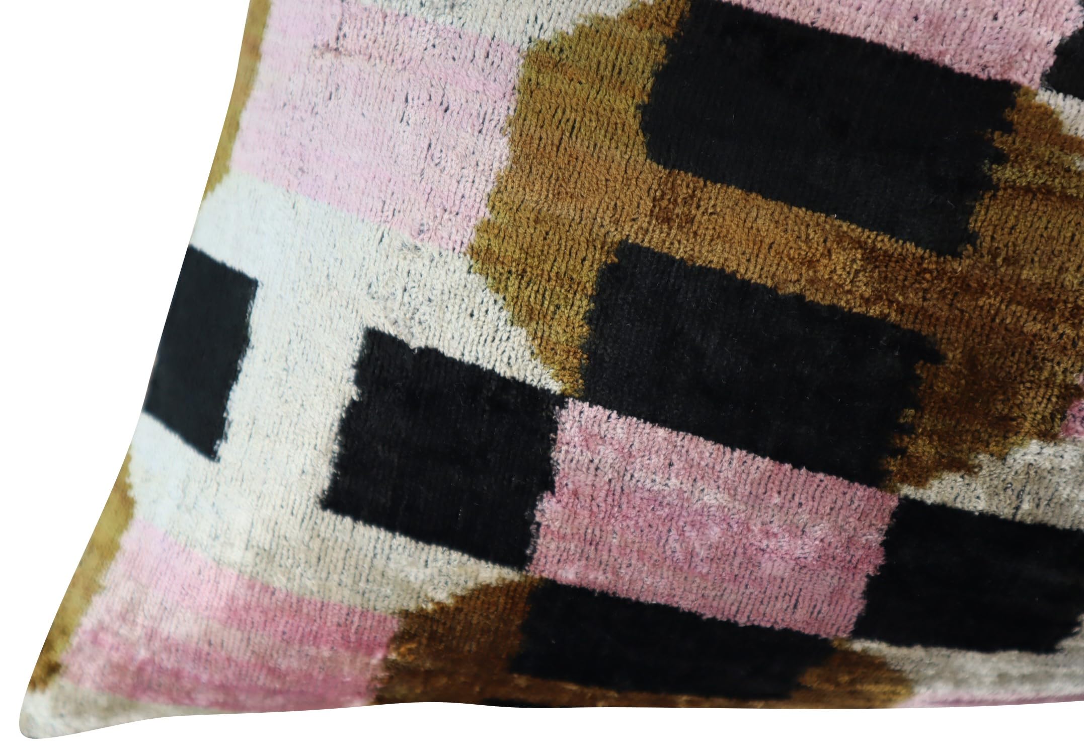 CANVELLO Handmade Pink & Brown Geometric Silk Velvet Throw Pillow – 16x24 Inch, Naturally Dyed, Down Feather Insert, Luxury Decorative Cushion for Sofa & Bed