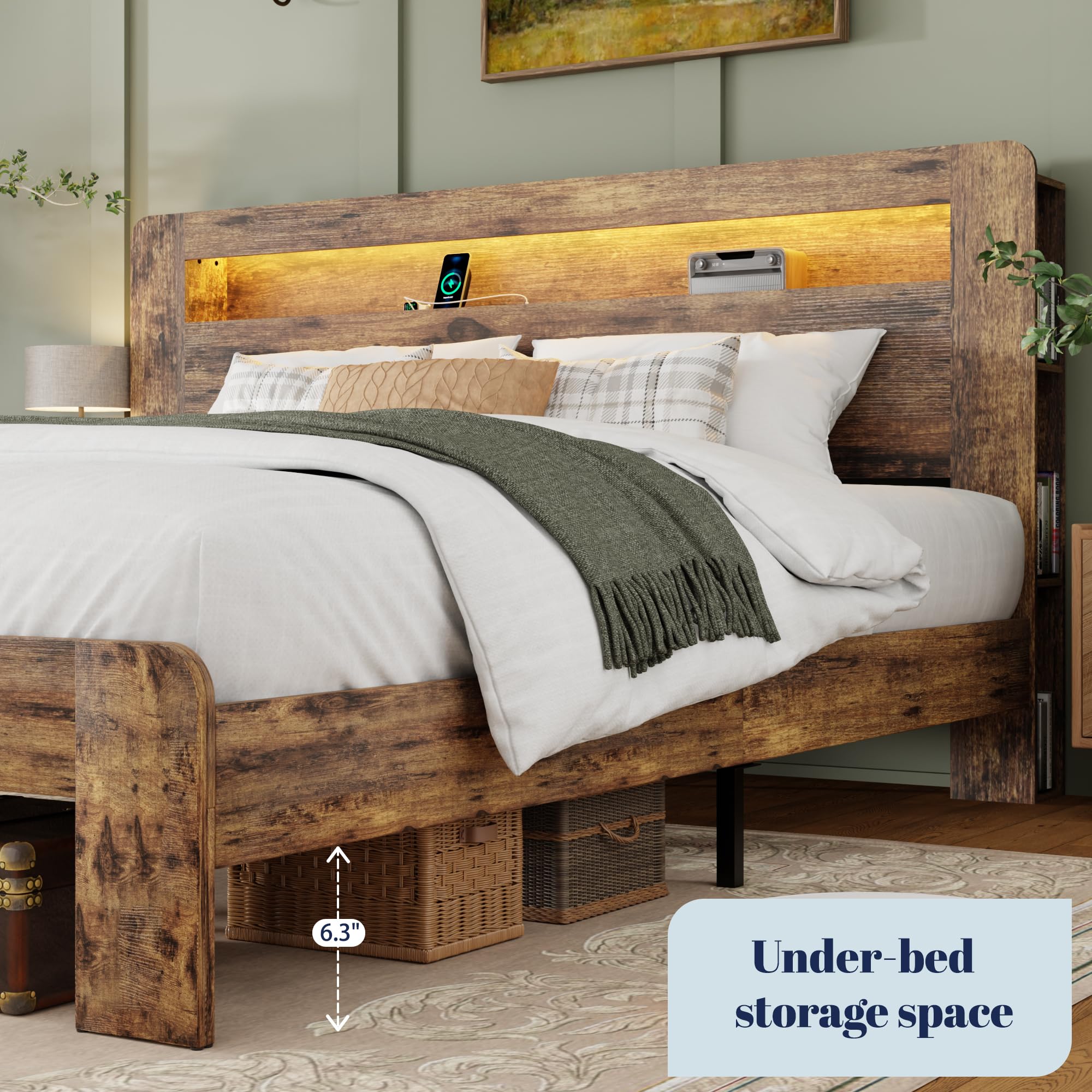 Wooden Platform Bed Frame with Storage Headboard, Charging Station & LED Lights