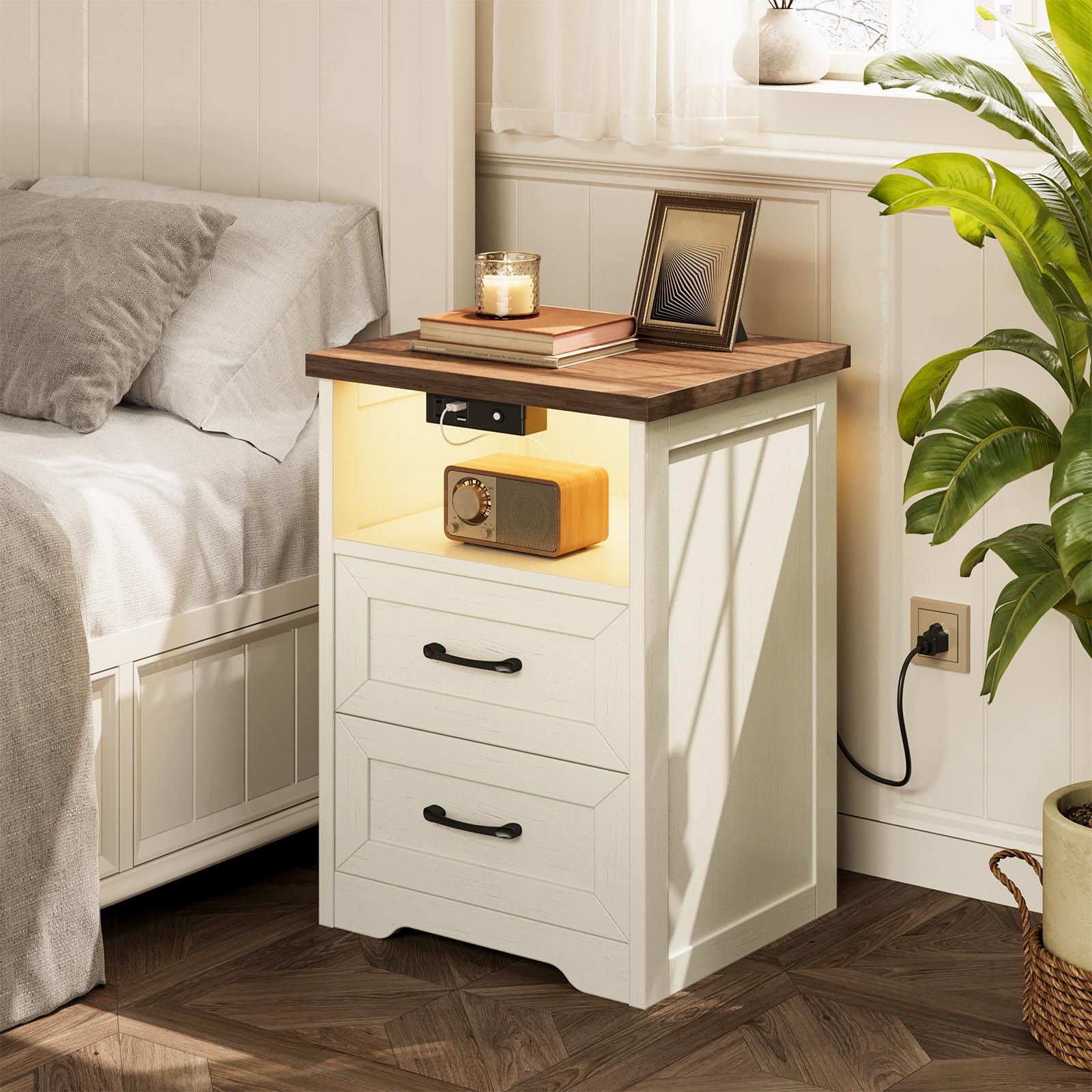 AODK 3-Piece Bedroom Set – 47" Wide 6-Drawer Dresser + 2 Farmhouse Nightstands with 2 Drawers & Charging Station & RGB LED Lights – Engineered Wood, Anti-Tip Design, Rustic White & Dark Walnut