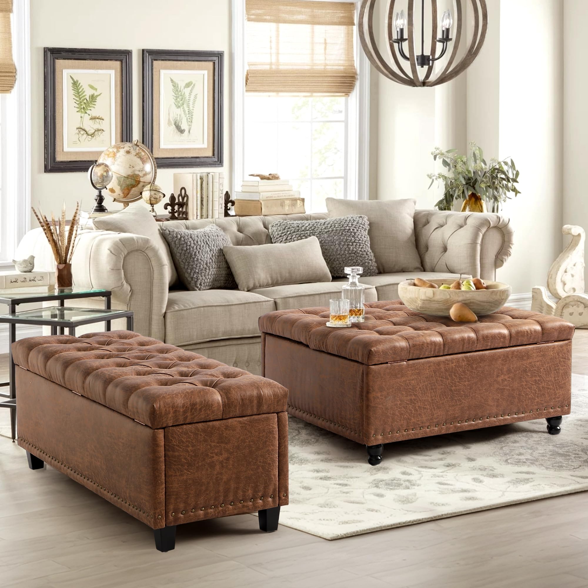 Grepatio 51" Ottoman Storage Benches, 30 Gallons End of Bed Storage Bench, Large Rectangular Ottoman, Button-Tufted Ottomans with Storage for Living Room Bedroom, Foot of Bed (Brown)