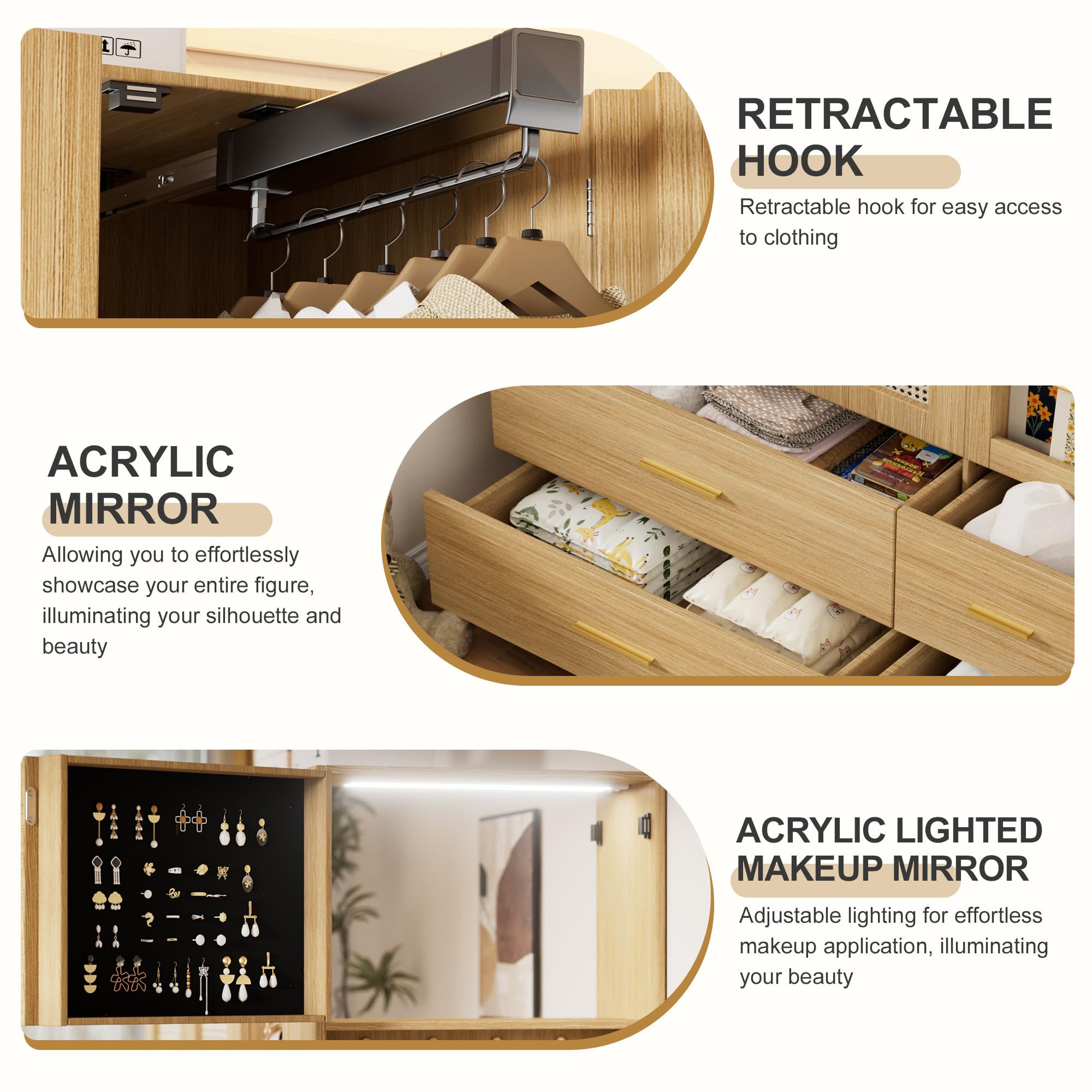 3-Door Rattan Wardrobe Closet with Mirror & Drawers