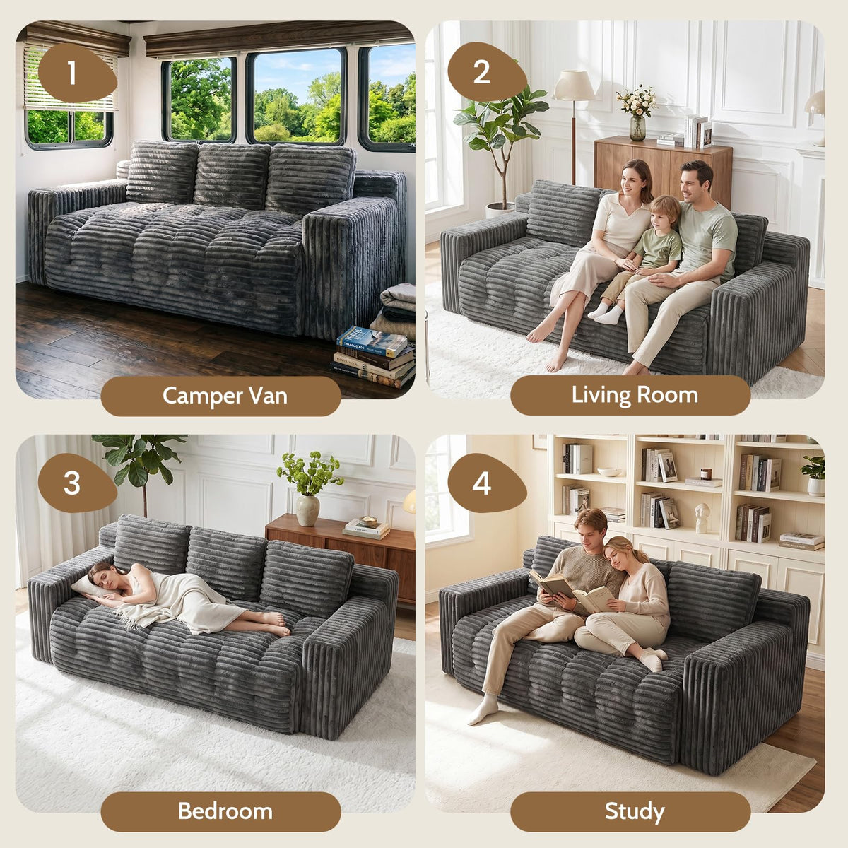Tykacna 70” Boneless Couch, 3 Seater Sofa Couch with Extra Deep Seats 3 Pillows,Corduroy Modern Small Couch for Living Room, Office, Bedroom, Apartment,Grey