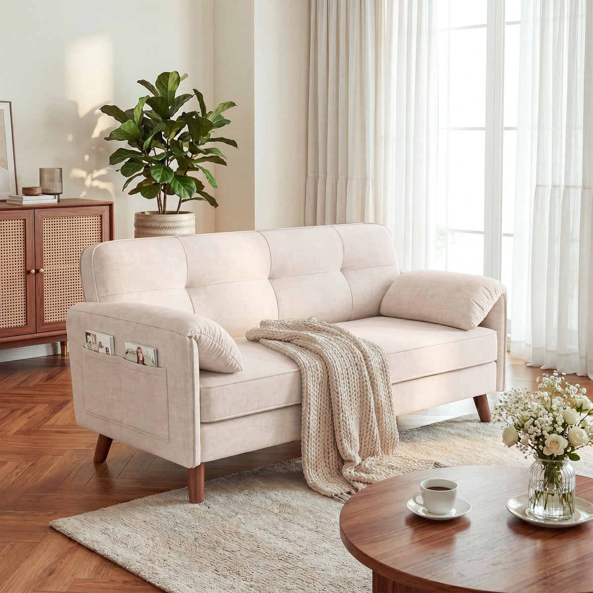 Apicizon 65" Loveseat Sofa, Chenille Loveseat Couch for Living Room with Storage Pockets, 25" Deep Seat Love Seat with Padded Arms, Modern Small Couches for Bedroom, Small Spaces, Home Office