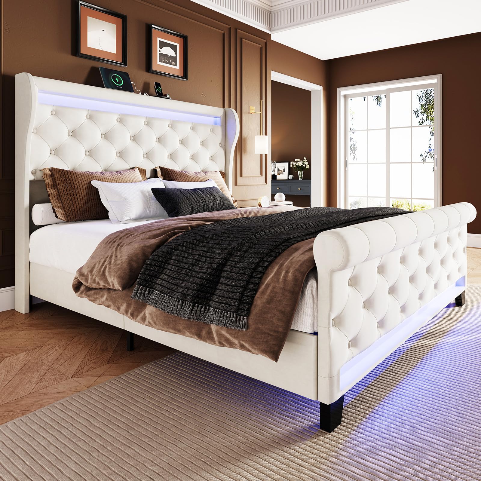 Upholstered Velvet Platform Bed Frame with LED Lights & Charging Ports