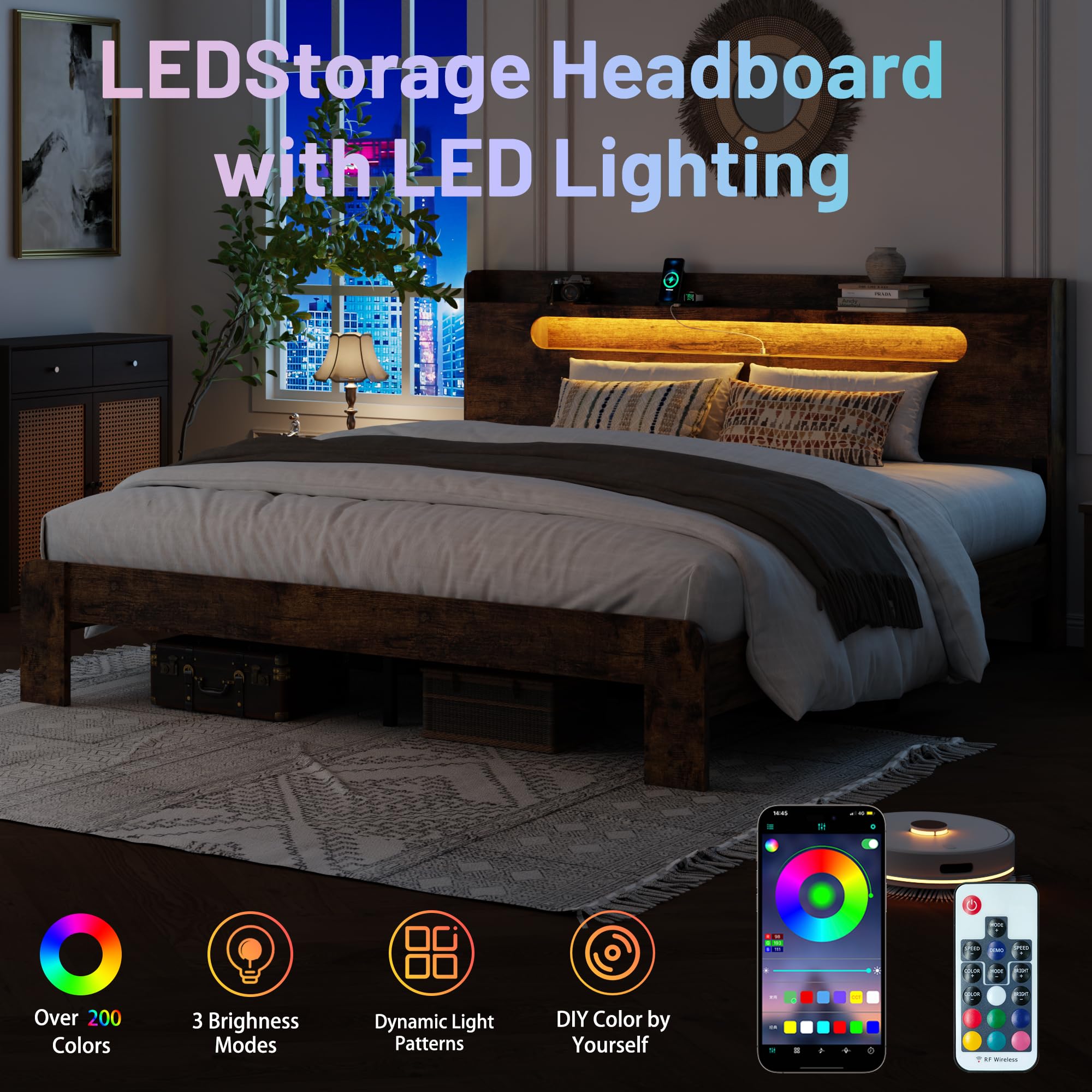 PAUKIN Queen Bed Frame, Queen Size Bed Frame with Storage Headboard, Platform Bed Frame with Charging Station and LED Lights, Sturdy Wooden Slats, No Mattress Required, No Noise，Brown