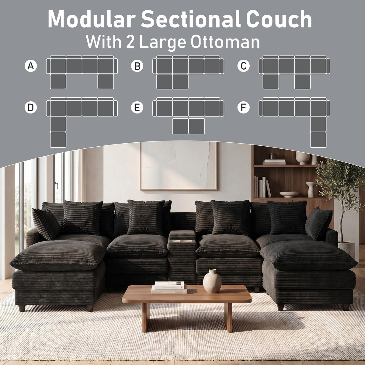 ONEMMLION 143" Oversized U-Shaped Cloud Sectional Sofa, Black