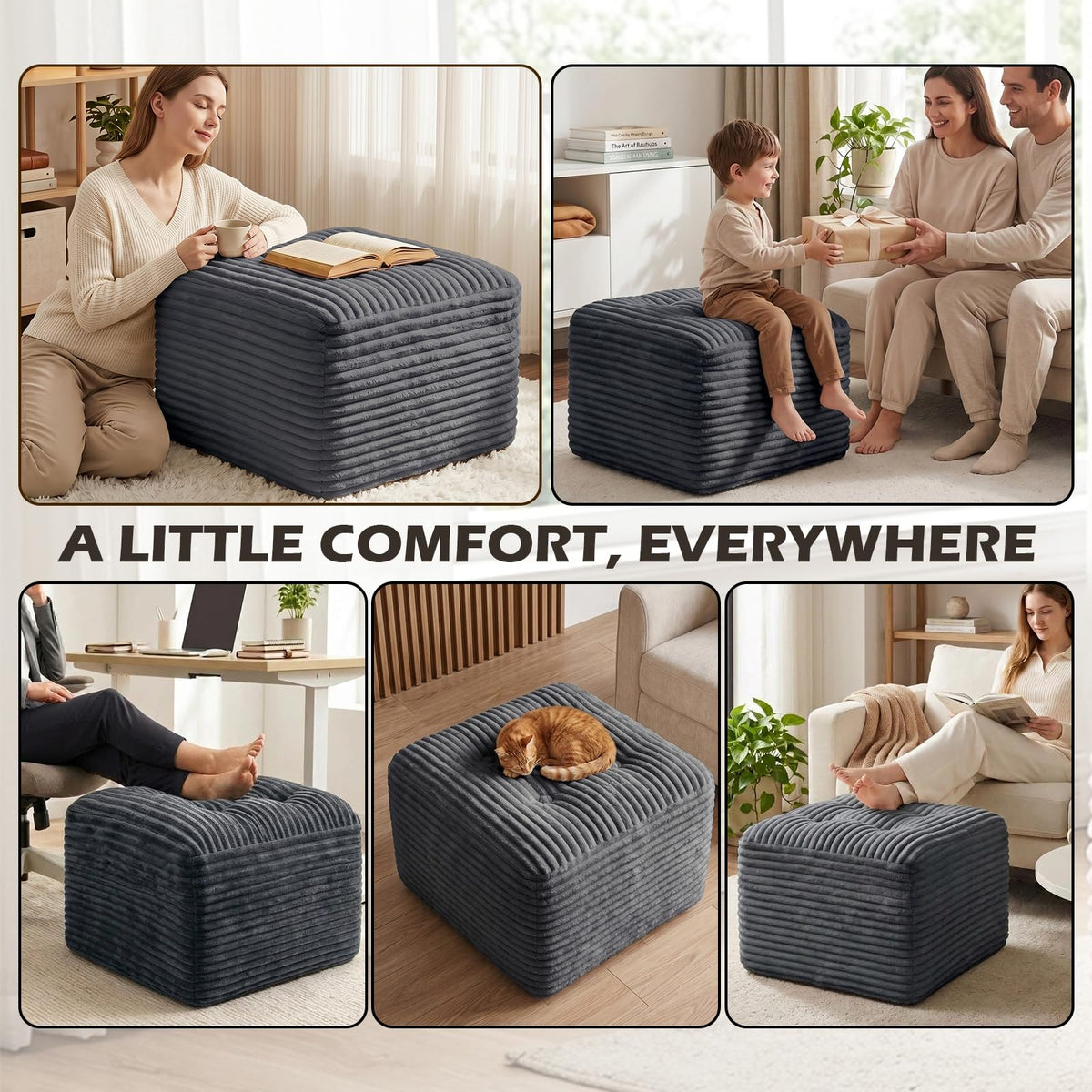 OXVIT 23.6in Pouf Ottoman, Corduroy Ottoman Foot Rest Footstool, Grey
