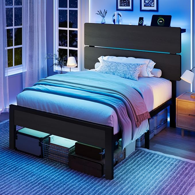 Twin LED Bed Frame with Charging Station