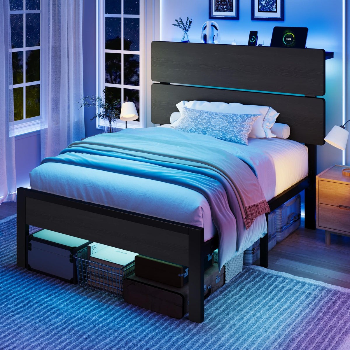 Twin LED Bed Frame with Charging Station