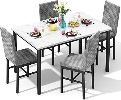 5-Piece Marble Dining Table Set with 4 Upholstered Chairs