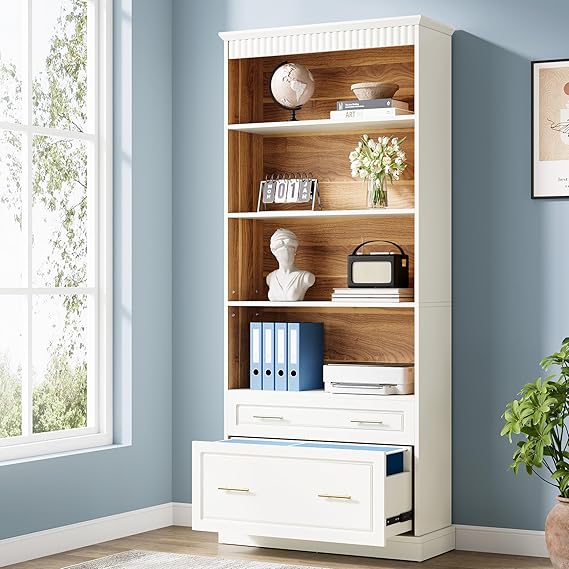 2-Drawer File Cabinet with 5-Tier Bookshelf & Printer Stand