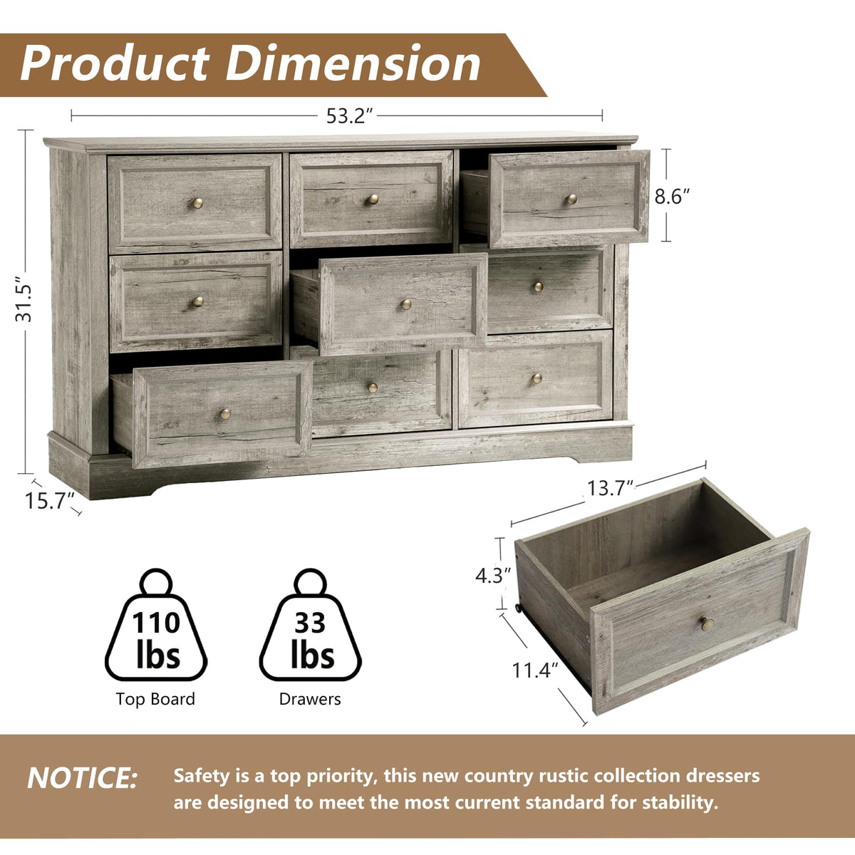 LOUVIXA Farmhouse Bedroom Sets of 3, Including 9 Drawer Dresser, Nightstand Set of 2 with Charging Station (Grey Sets)