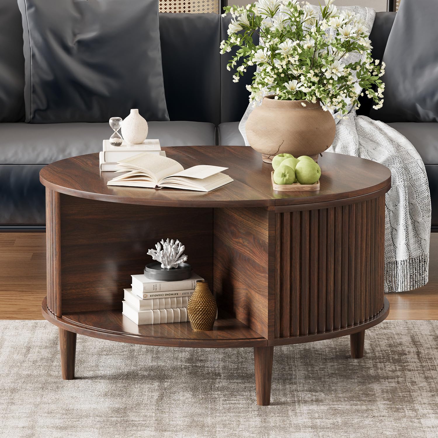 Madaha Lift Top Coffee Table with Storage, Fluted Round Center Table with Sliding Cabinet Door, Small Circle Table for Living Room, Walnut