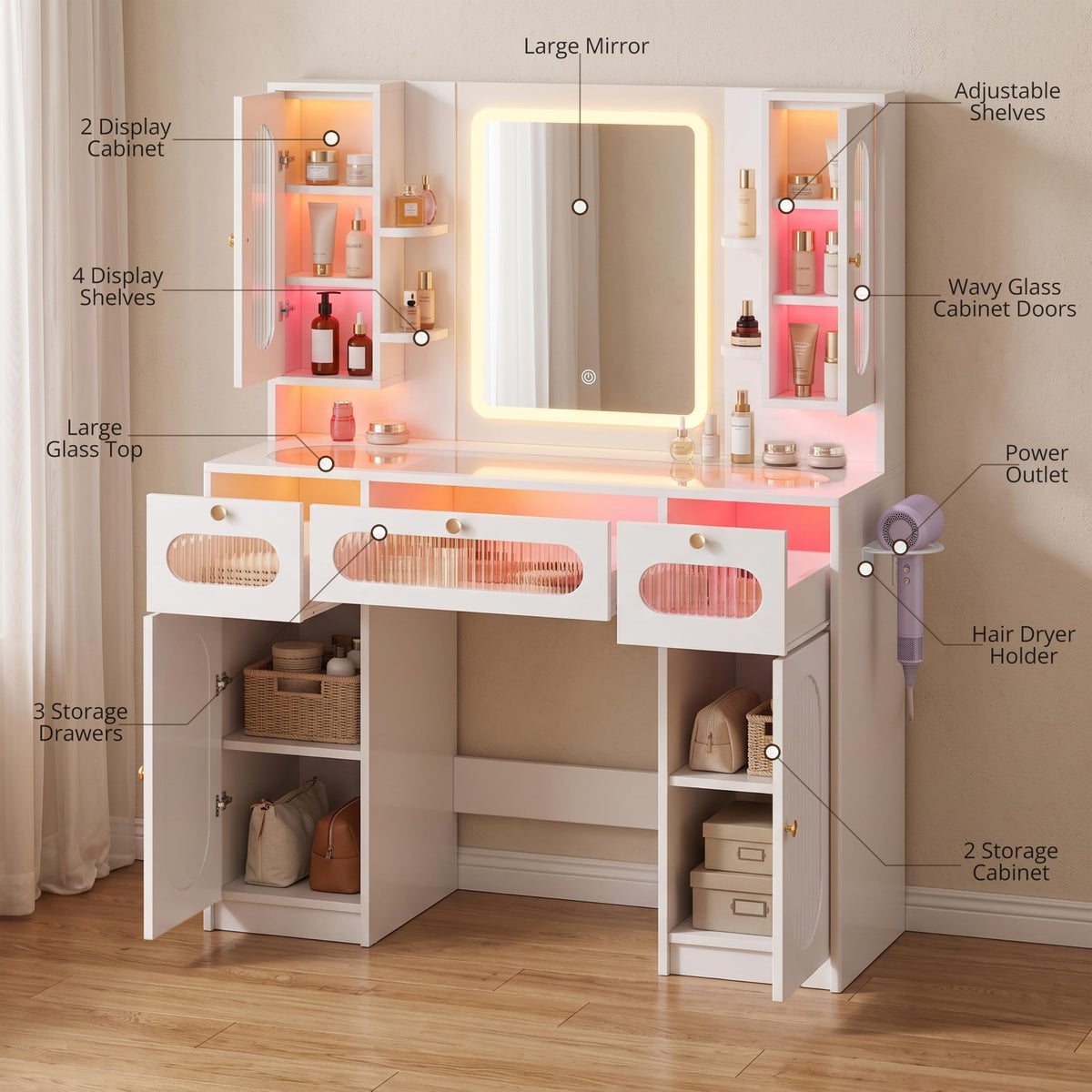 HarborHue 43" Fluted Makeup Vanity Desk with Mirror and Lights for Bedroom