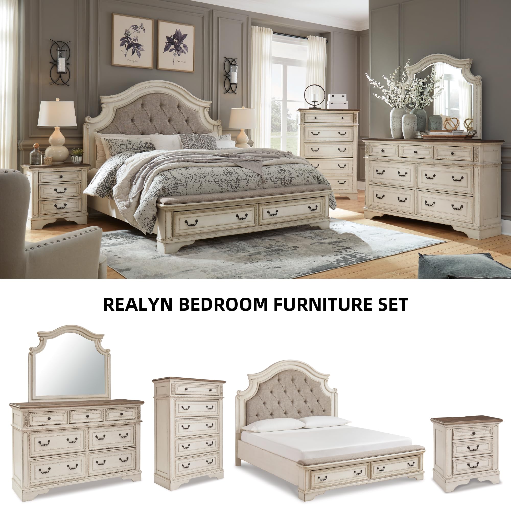 Cottage Nightstand with USB Outlets – 3 Drawer, Chipped White