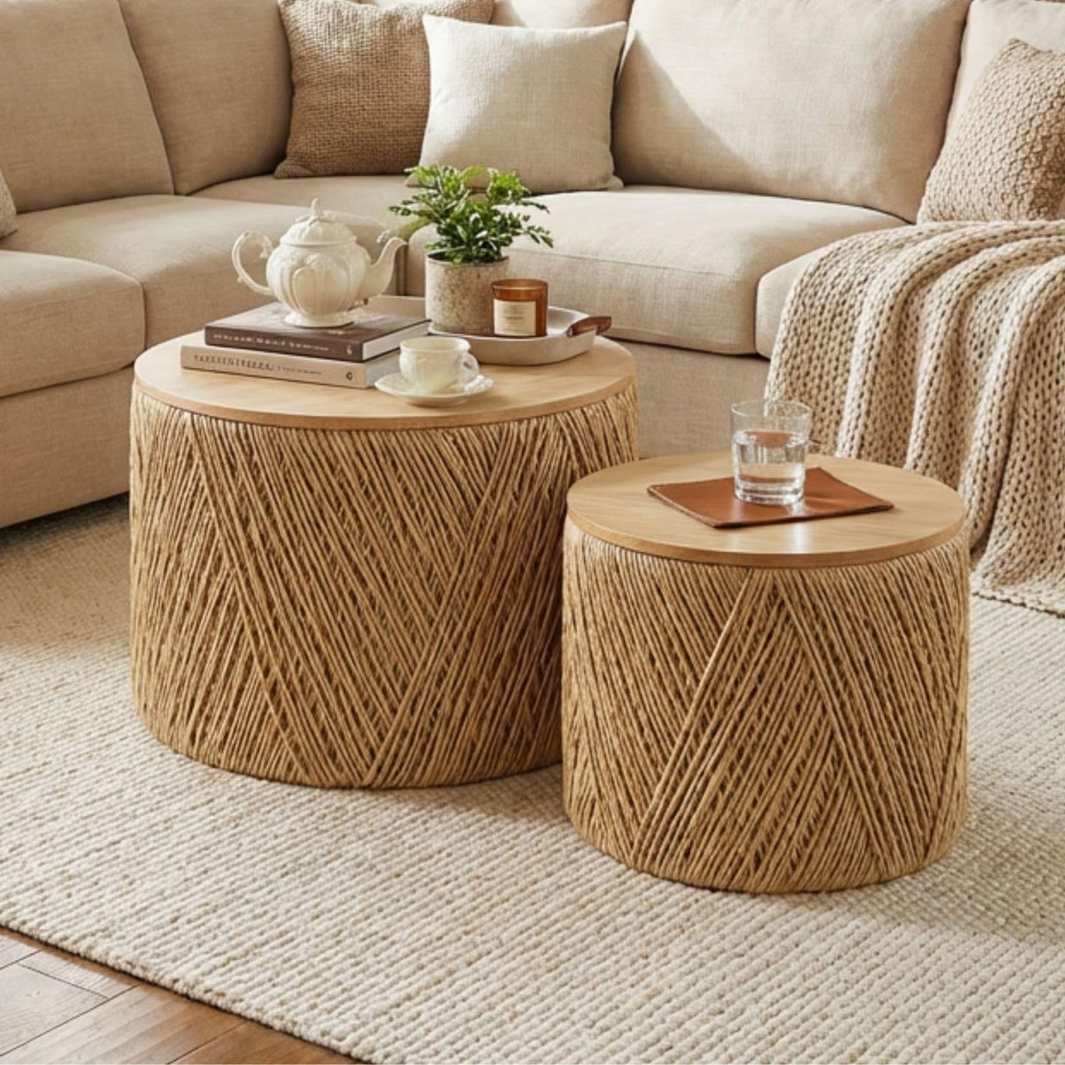 Round Wood Nesting Coffee Tables, Set of 2