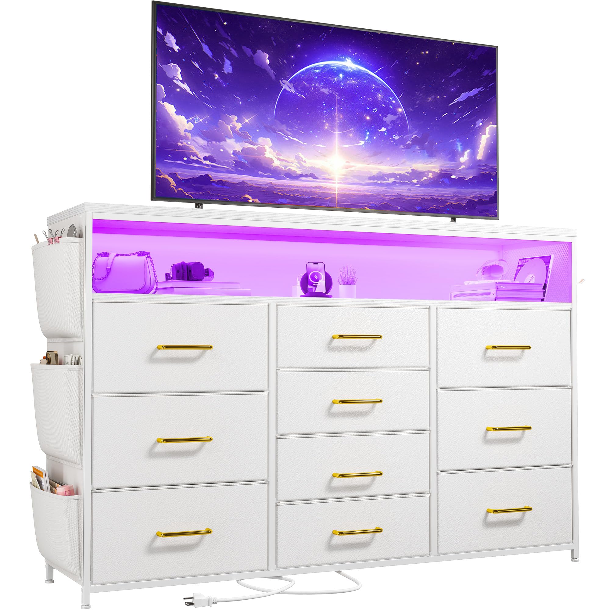 EnHomee 10 Drawer Dresser for Bedroom with Wood Open Shelves, 55" TV Stand for Bedroom with Power Outlets and LED Lights, Fabric Dressers & Chest of Drawers with Side Pocket, White